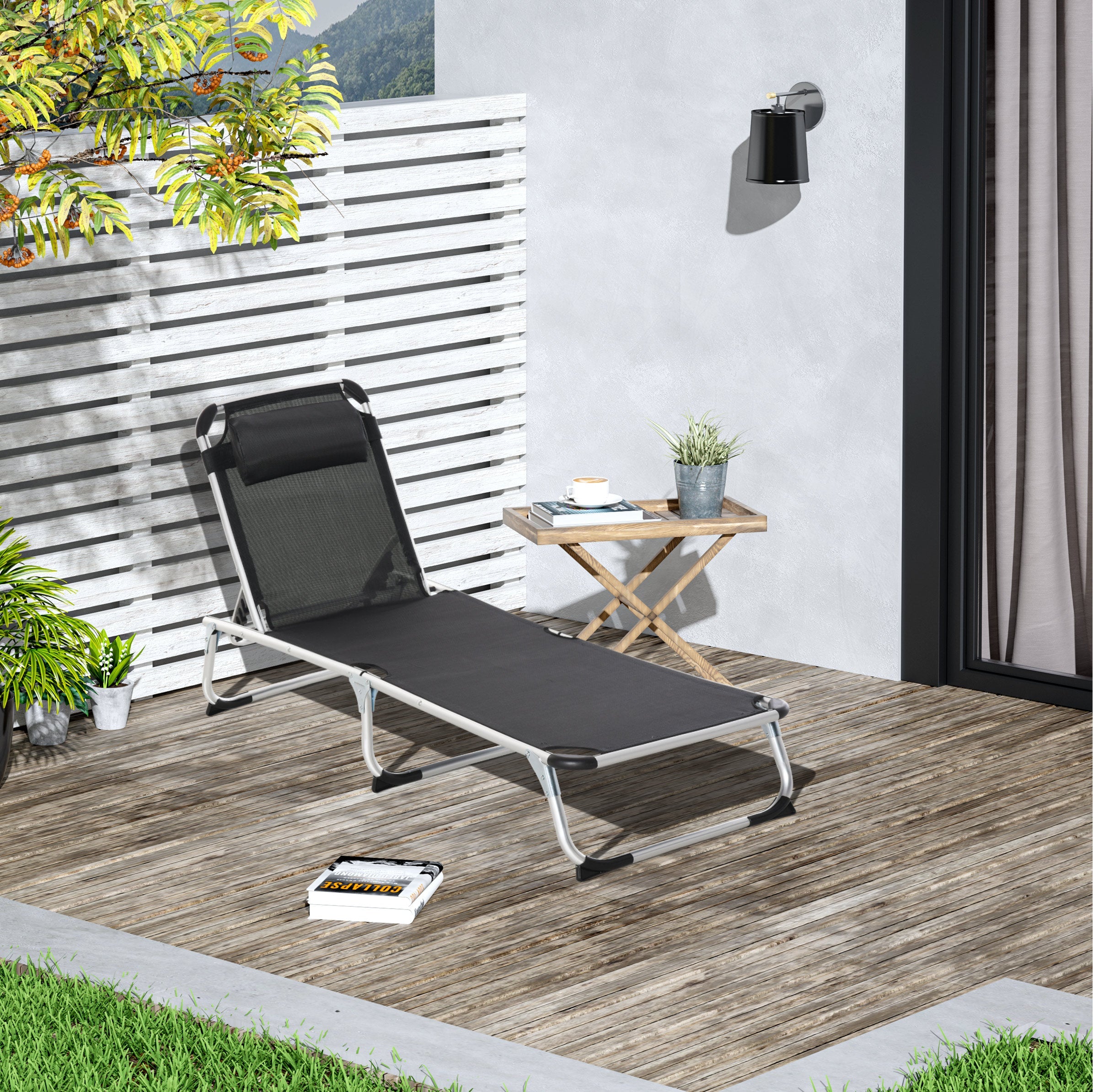 Outsunny Adjustable Folding Lounge Chair Patio Recliner with Headrest Aluminum Frame 5-Position Black