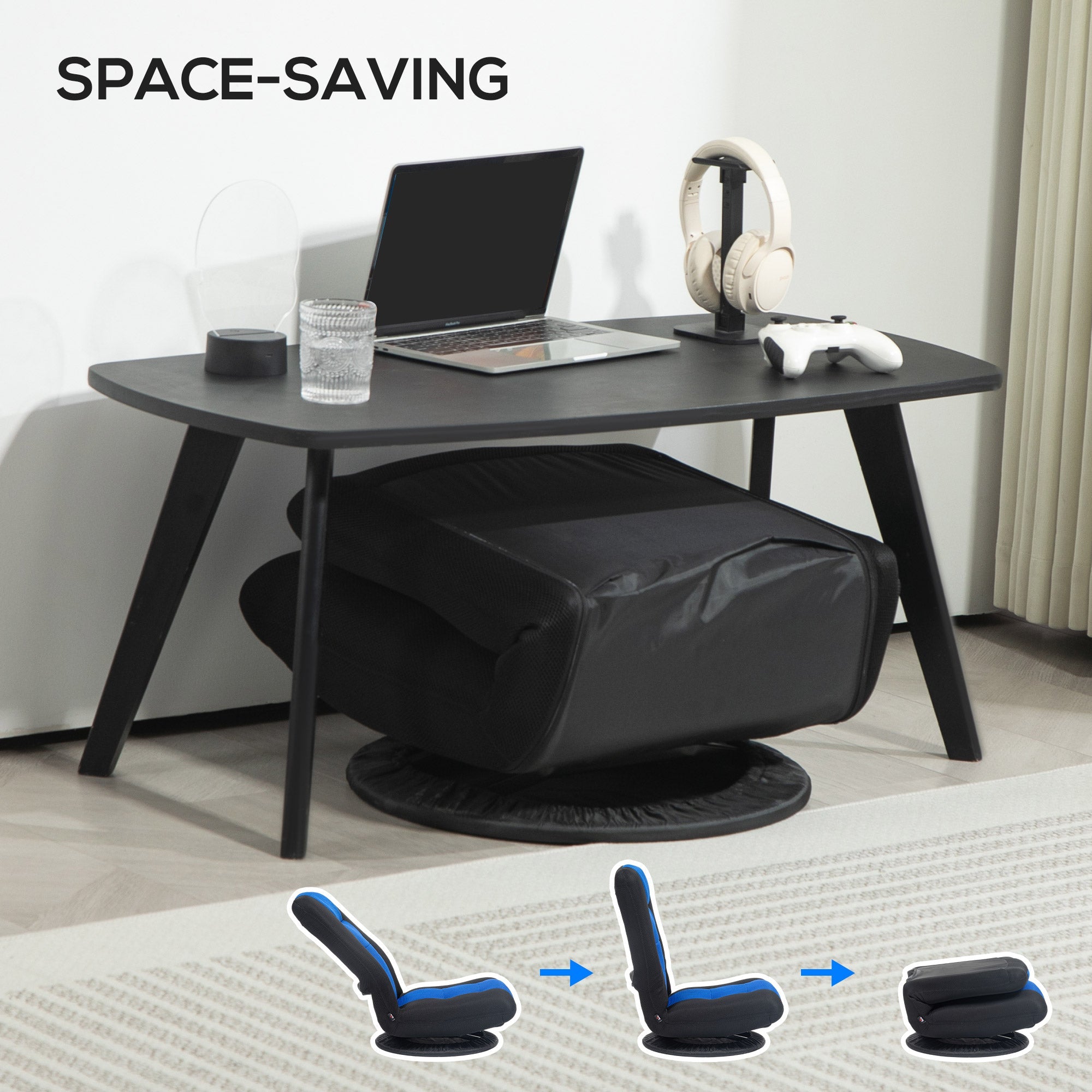 HOMCOM Folding Floor Chair for Adults Teens, 360 Degree Swivel Gaming Chair, 6 Positions Adjustable Lazy Sofa, Blue