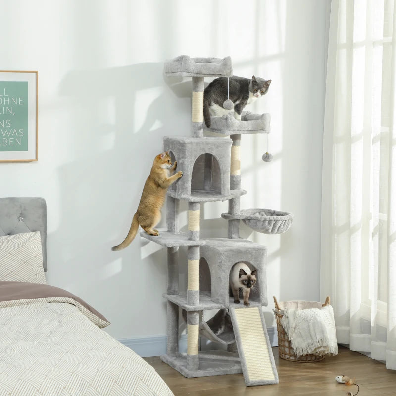 Cat Tree, 70" Multi-Level Cat Tower with 2 Condos, 2 Beds, Hammock, Toy Balls, Scratching Posts and Board, Light Grey