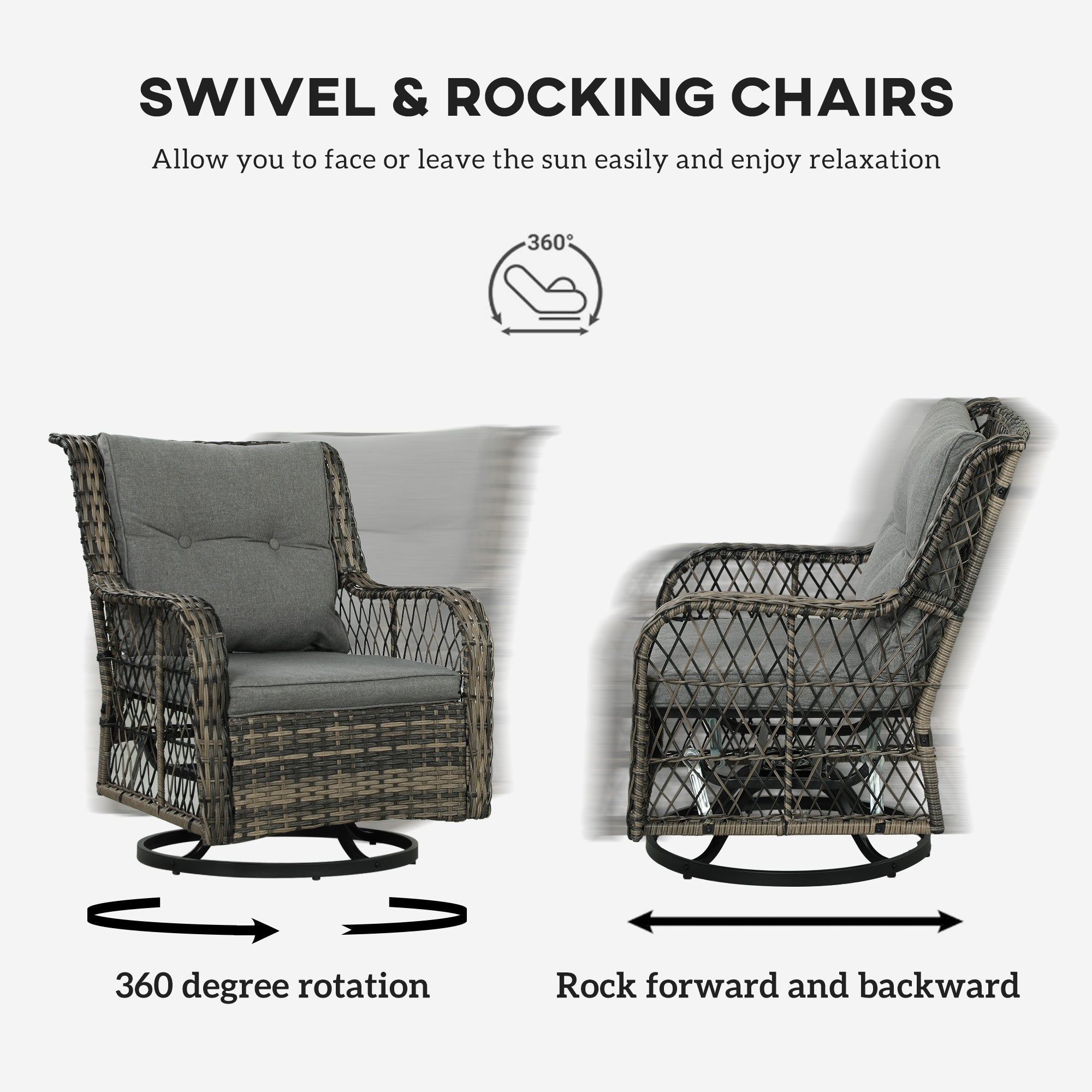 Outsunny 3 Piece Outdoor Bistro Set, Wicker Patio Furniture Set with Swivel Glider Chairs for Balcony, Porch, Grey