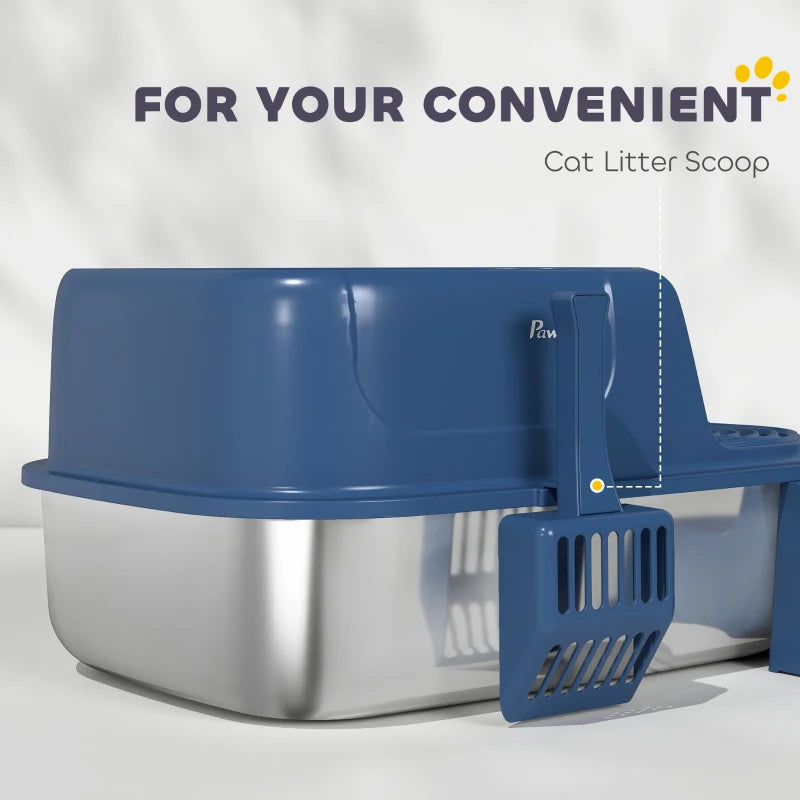 Stainless Steel Cat Litter Box, Cat Litter Box with High Side and Scoop, Anti-Leakage, Easy to Clean, Navy Blue