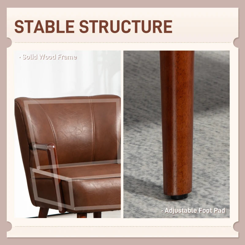 Accent Chair, Modern Armchair, Faux Leather Upholstered Living Room Chair with Wood Legs and Wide Padded Seat, Brown