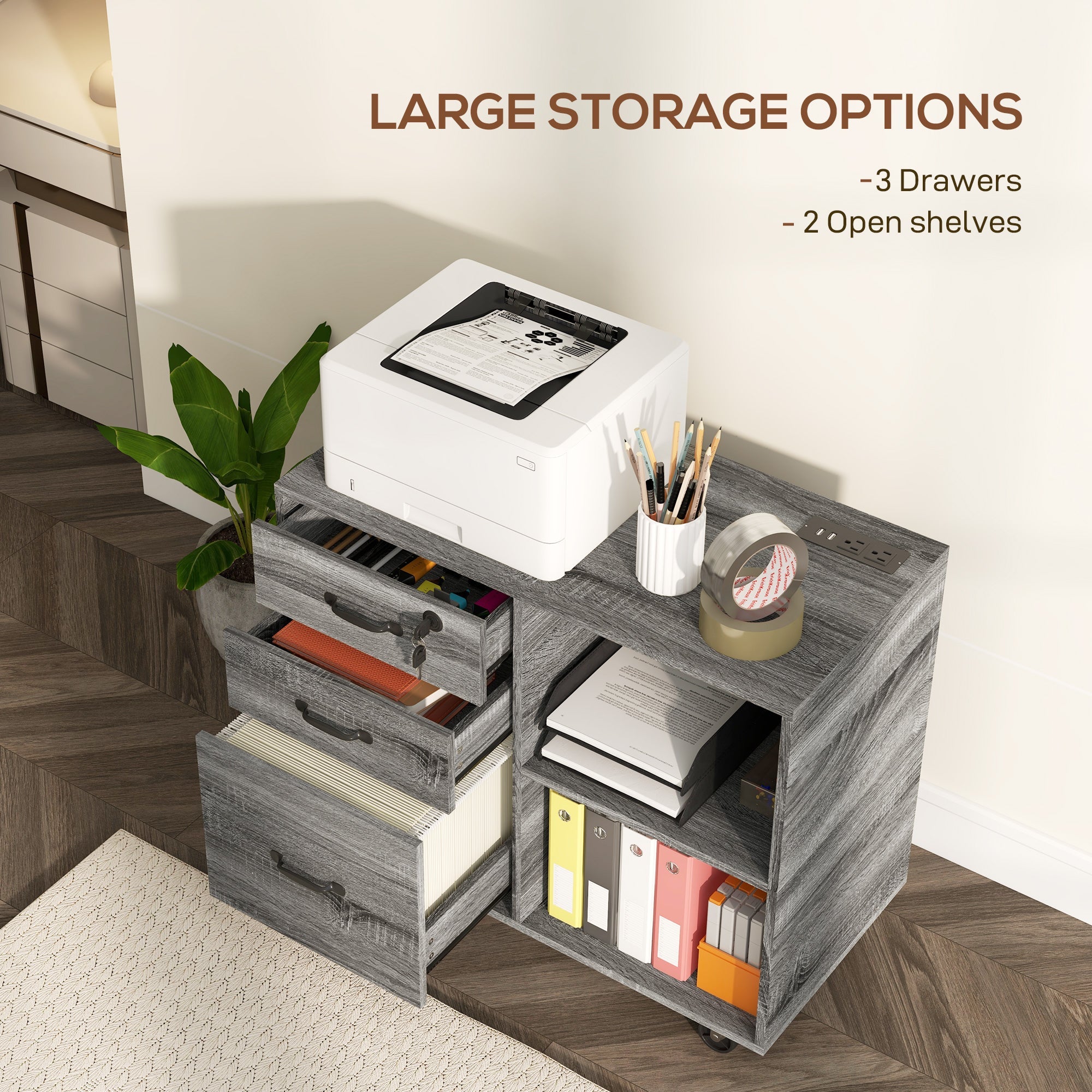 HOMCOM Mobile Printer Stand: USB Charging, Locking Cabinet for A4/Letter Size, Grey