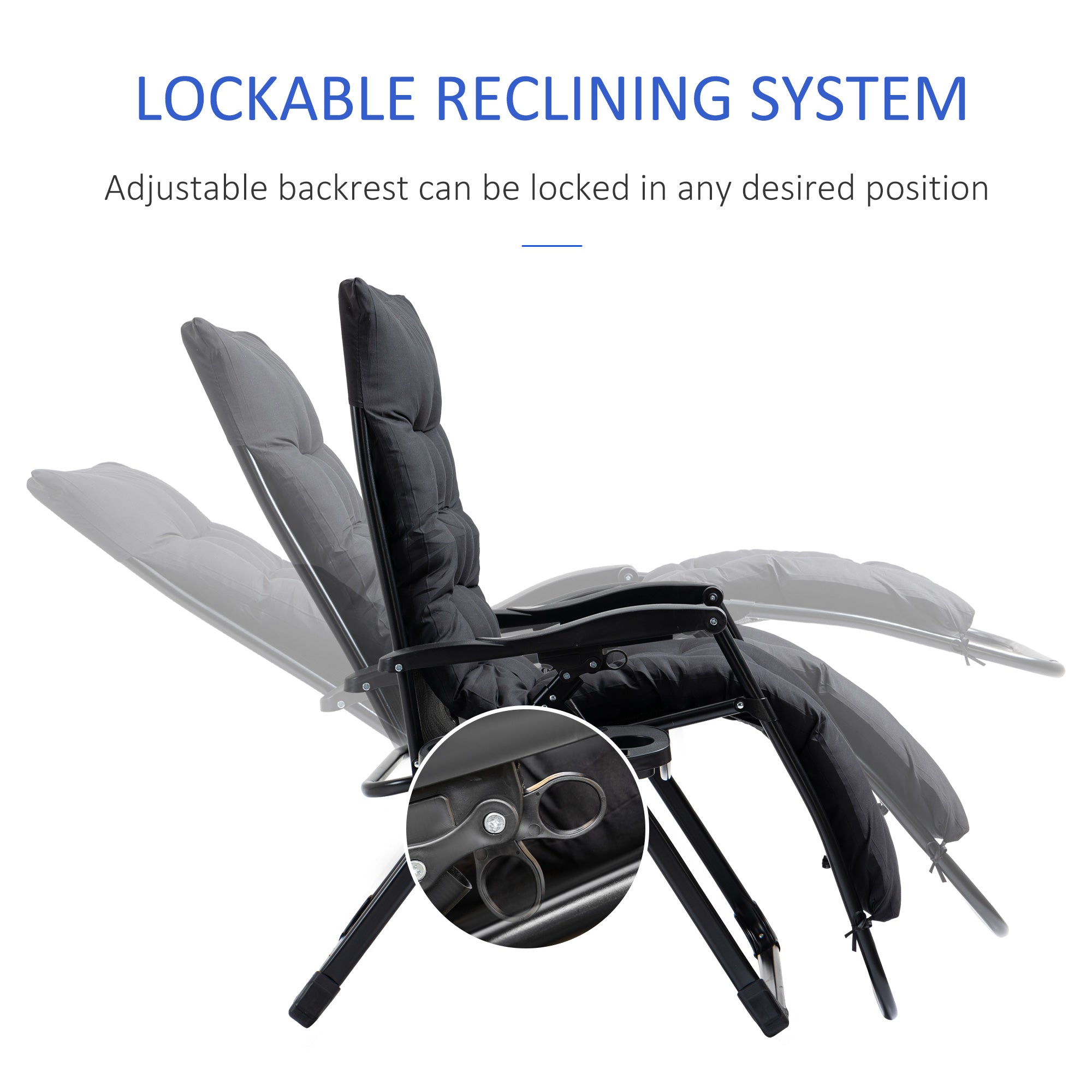 Outsunny Zero Gravity Chair Black Padded Folding Recliner with Cup Holder Adjustable Backrest Removable Cushion