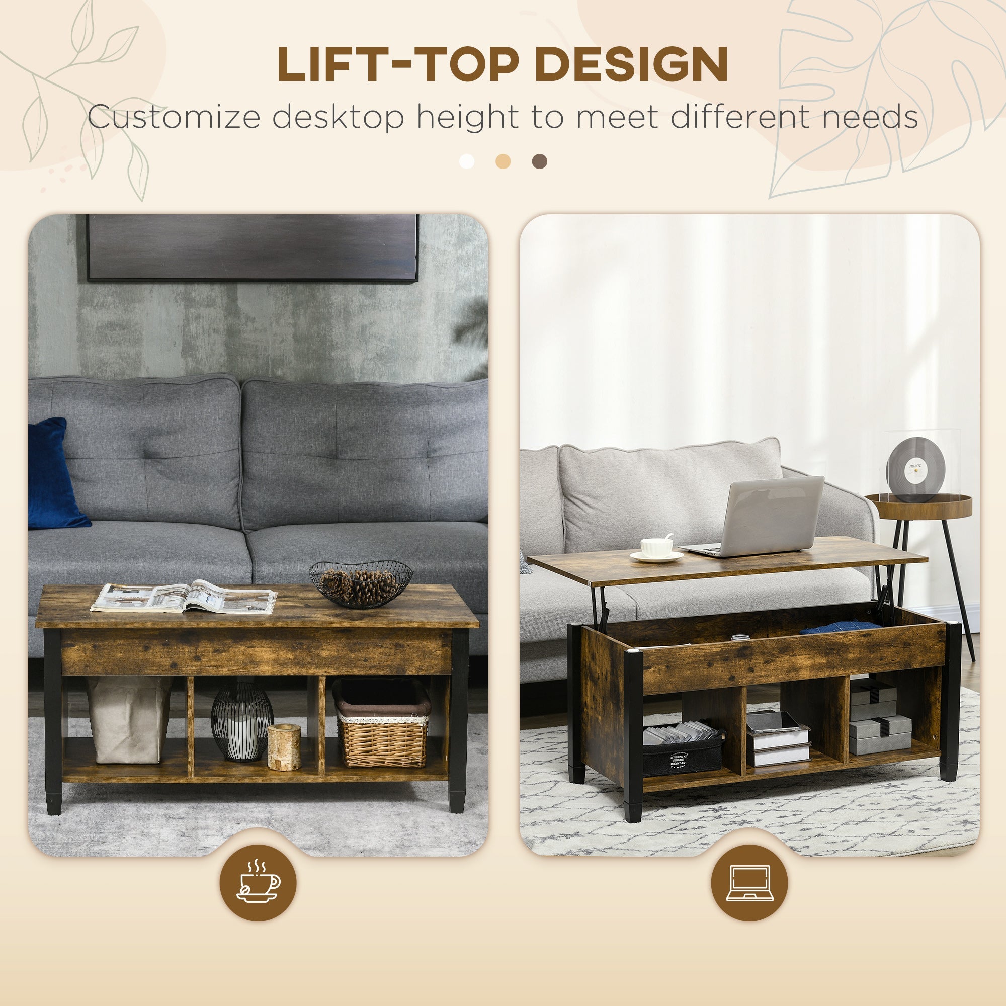 HOMCOM Rustic Lift-Top Retreat: Coffee Table with Hidden Storage, 3 Lower Shelves, Pop-Up Design in Brown Finish for Living Room