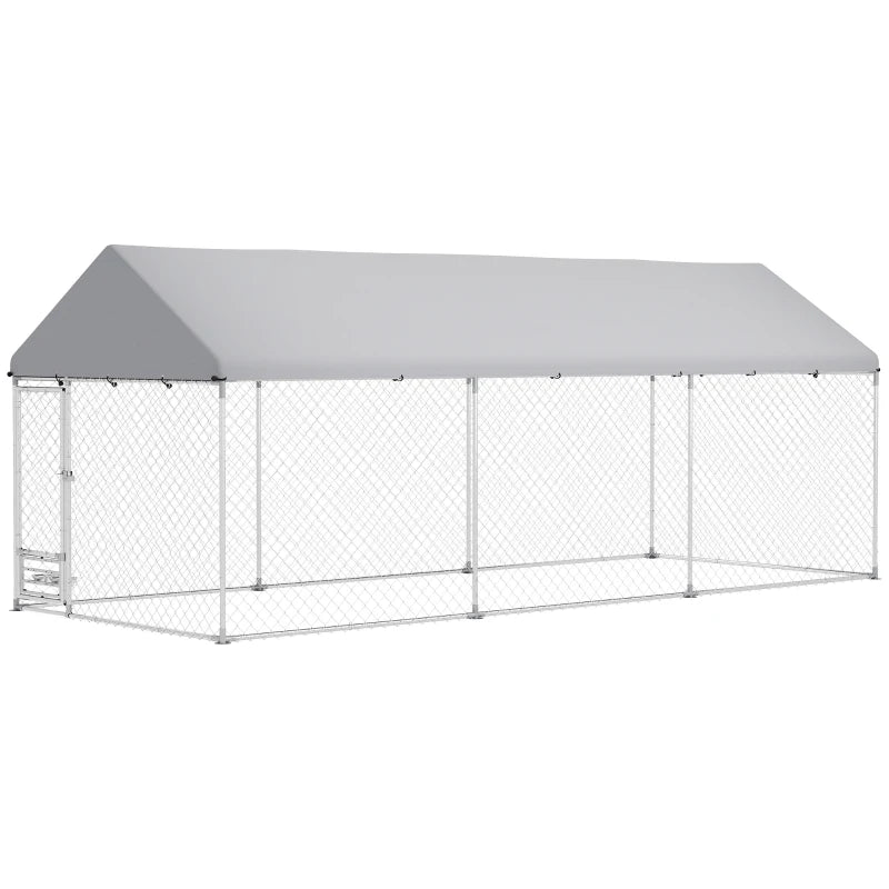 Outdoor Dog Run with Adjustable & Rotatable Bowls, Waterproof UV-Resistant Cover, Escape-Proof Lock, 19.7' x 7.5' x 7.5'