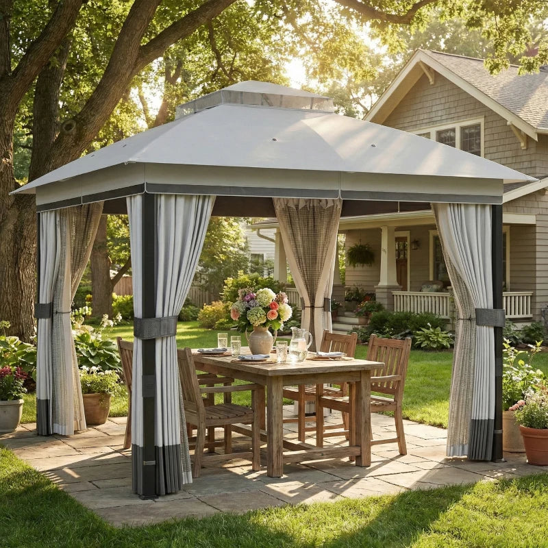 10' x 10' Patio Gazebo with Double Roof, Mesh Netting & Curtains, Steel Frame Outdoor Garden Gazebo, Light Grey