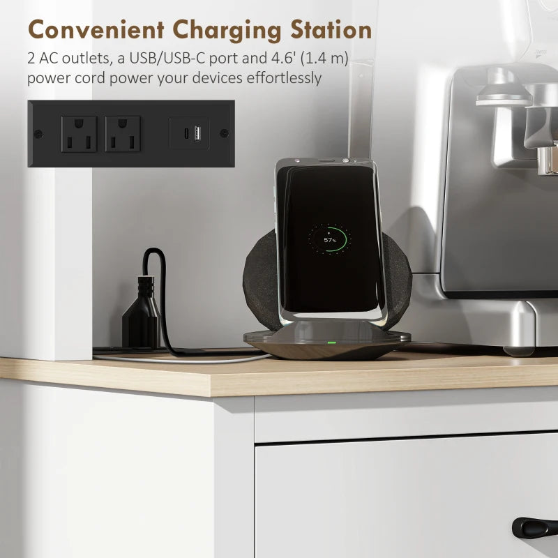 69" Kitchen Pantry Cabinet with Charging Station Kitchen Cabinet with Microwave Stand 7 Gallon Trash Can Cabinet White