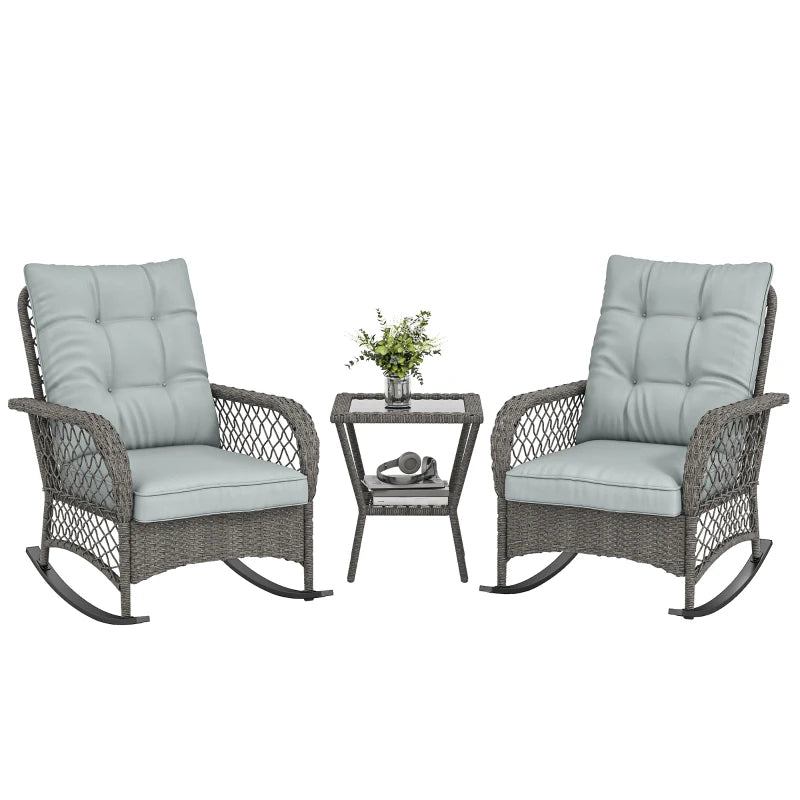 Rocking Bistro Set, 3 Piece Wicker Patio Furniture with High Back Rocking Chairs and 2-Tier Glass Table, Light Grey