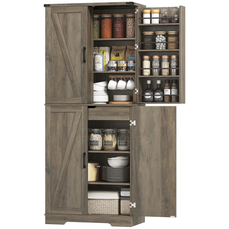 72" Kitchen Pantry Cabinet, Farmhouse Storage Cabinet with 4 Doors, Drawer, 8 Door Shelves and Adjustable Shelf, Grey