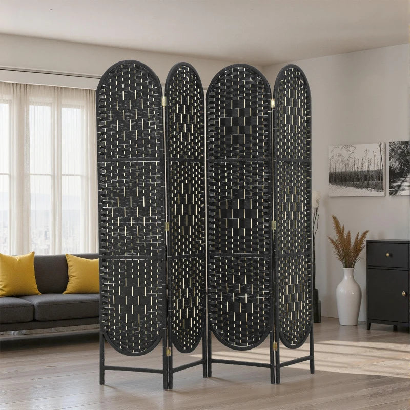 Bohemian Privacy Screen, Folding Room Divider with 4 Panels and Arched Top for Bedroom Living Room Office, Black