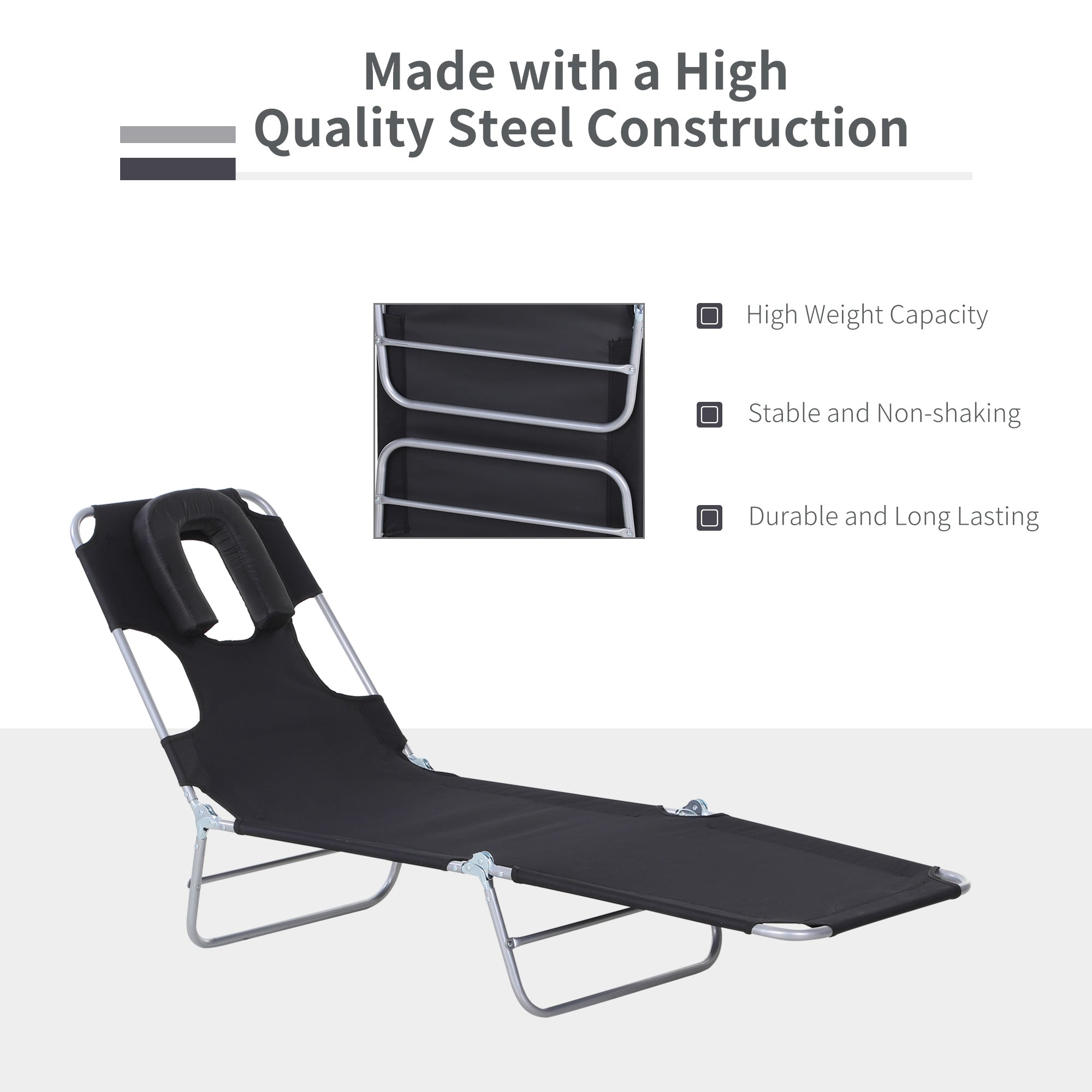Outsunny Adjustable Folding Chaise Lounge with Face Hole Beach Camping Recliner Sunbed Black