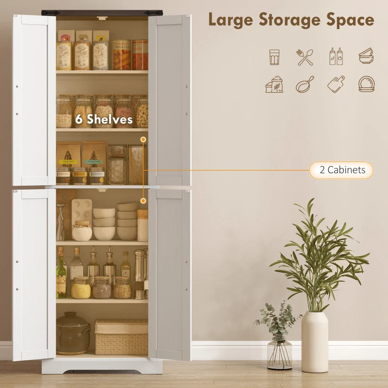 72" Pantry Cabinet, Farmhouse Freestanding Kitchen Storage Cabinet with Adjustable Shelves for Dining Room, White