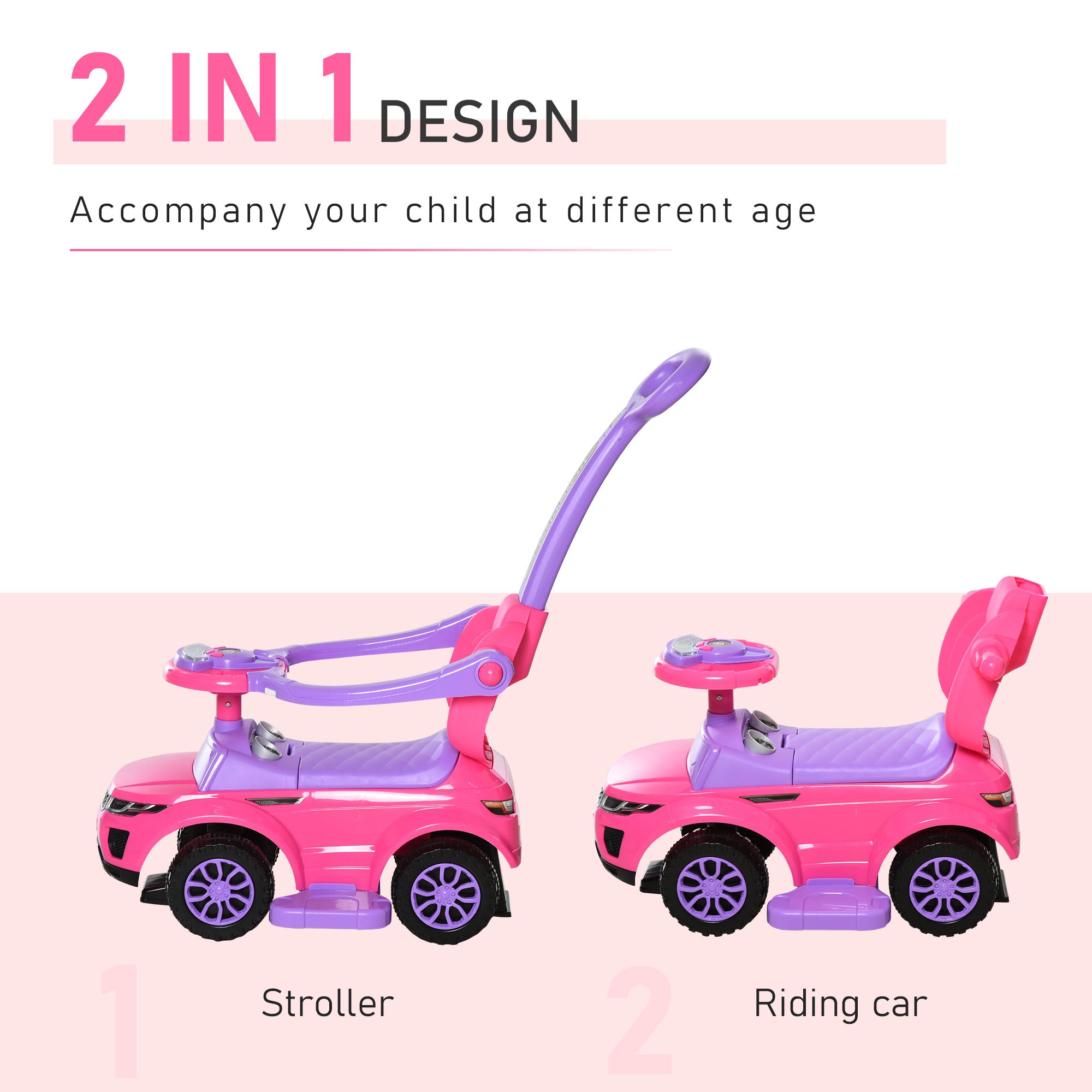 Aosom 3 In 1 Kid Ride on Push Car Stroller Sliding Walking Car with Horn Music Light Function Secure Bar for 1-3 Years Old Pink