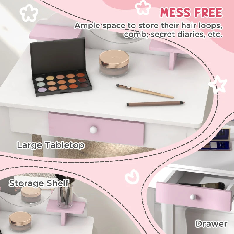 Qaba Kids Makeup Vanity Set with Stool, Mirror, Drawer, Storage Boxes, Rabbit Design, White