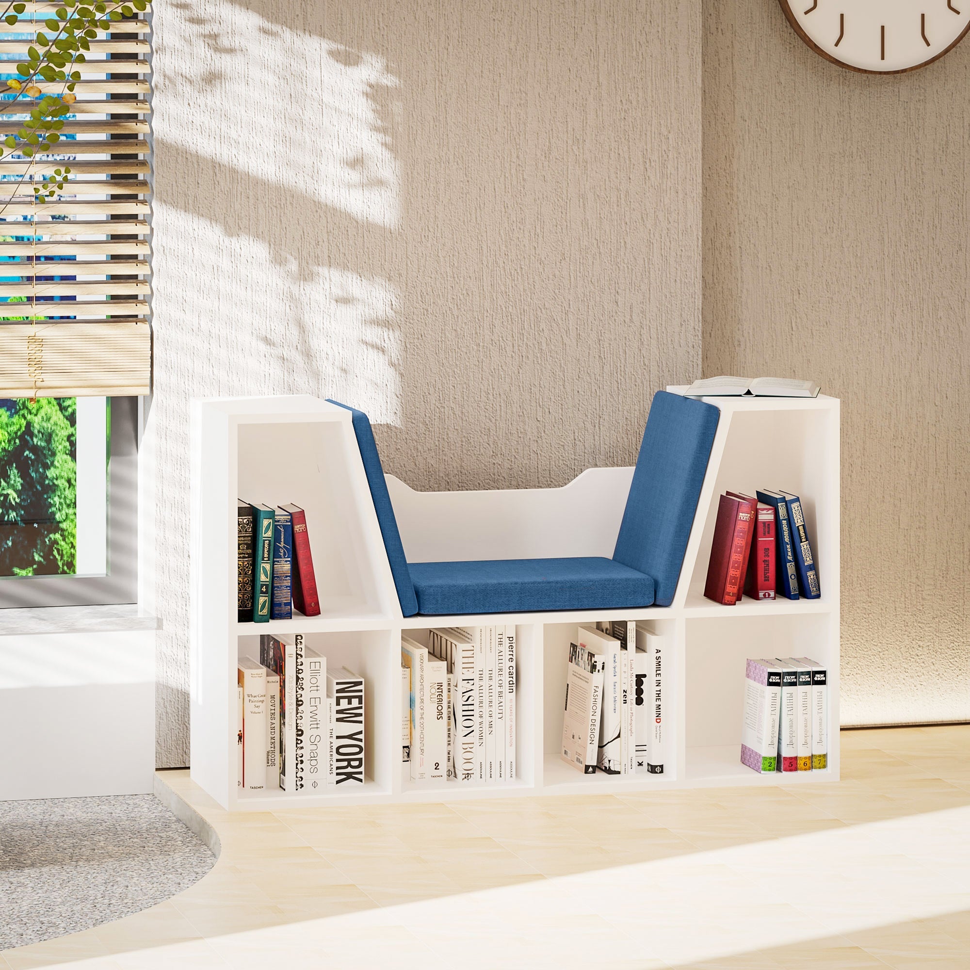 HOMCOM Kiddie Cubby Bliss: 6-Cubby Bookcase with Cushioned Reading Nook, Storage Organizer Cabinet Shelf in White & Blue