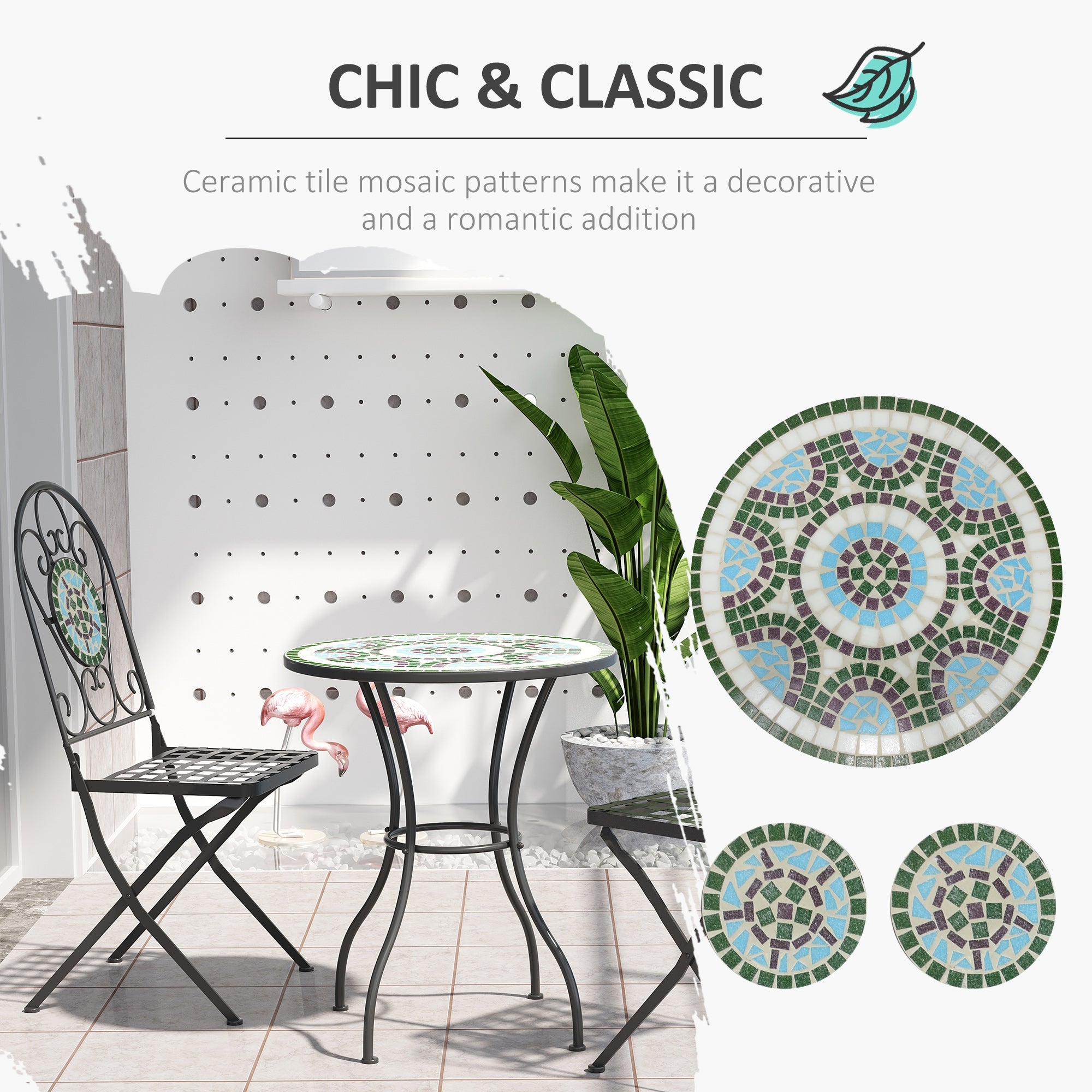 Outsunny 3 Piece Patio Bistro Set with Mosaic Design Outdoor Dining Furniture Set for 2 Folding Chairs Green