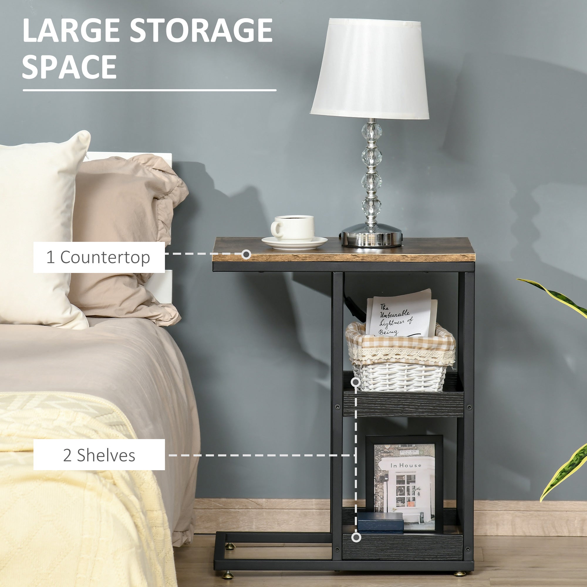 HOMCOM Industrial C-Table: C-Shaped End Coffee Table, Metal Frame Nightstand with Storage Shelves for Living Room, Bedroom