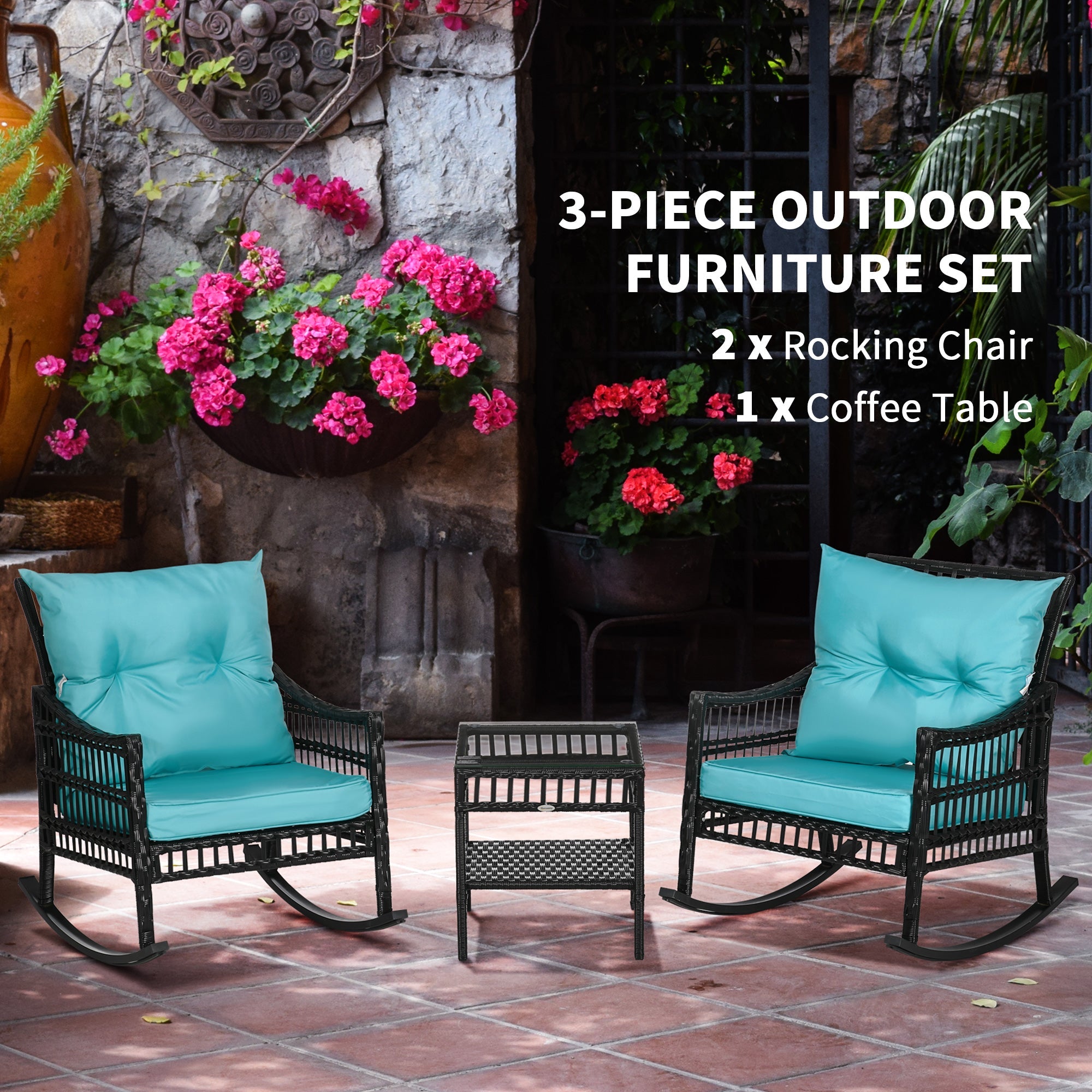 Outsunny 3 Pieces Outdoor PE Rattan Rocker Chair Set, Rocking Chair with Tempered Glass Table Top,25"x26"x28", Turquoise Green