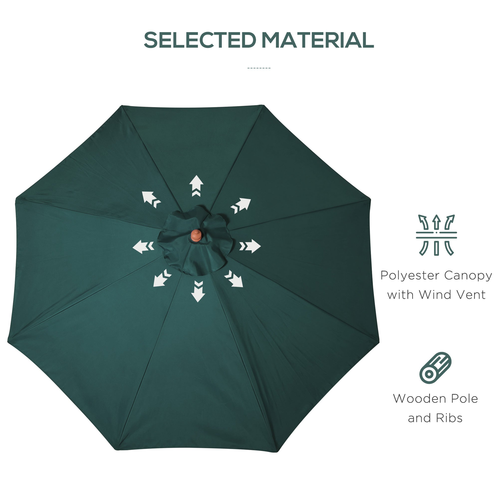 Outsunny 10FT Round Patio Umbrella with Rope Pulley Mechanism, Wooden Market Umbrella, Garden Parasol with 8 Ribs, Dark Green