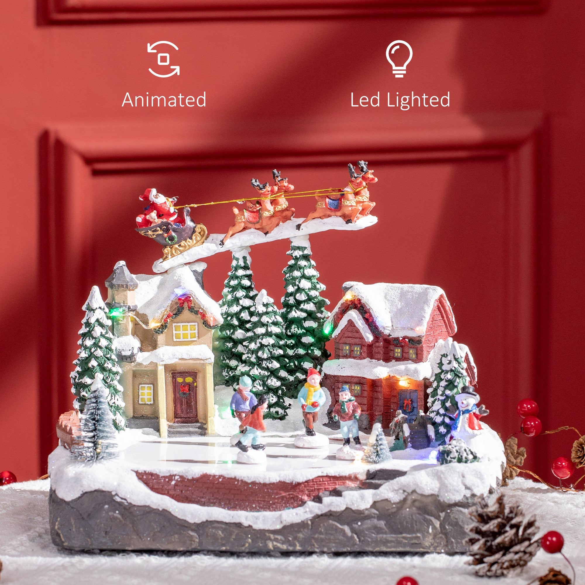 HOMCOM Christmas Village, Santa and Deer Skating Pond Animated Winter Wonderland Set with Multicolored LED Light, Christmas Decoration