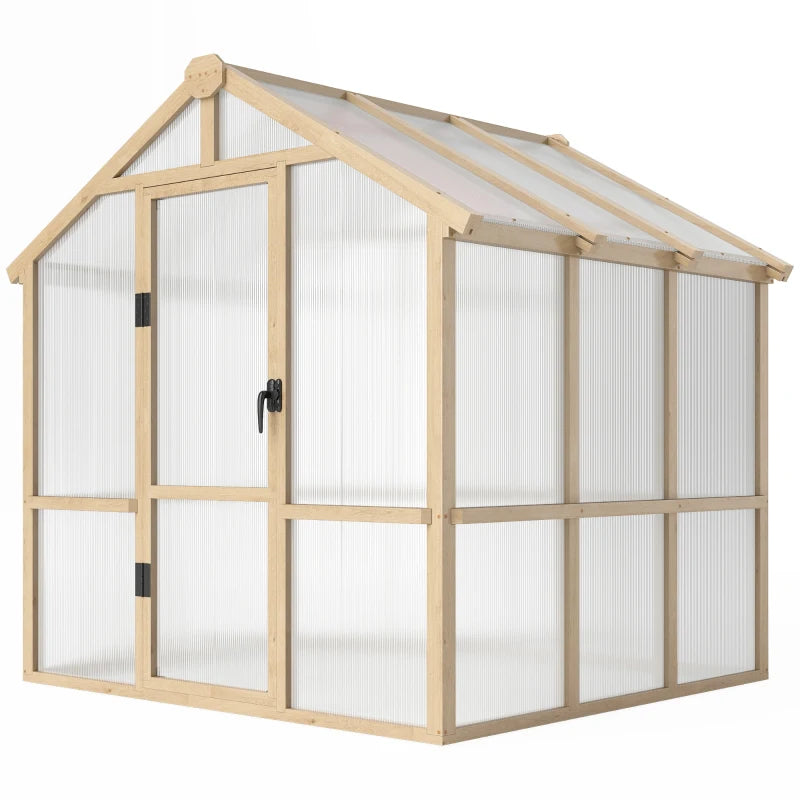 6.6 x 6ft Polycarbonate Greenhouse Wooden Green House with Thickened Polycarbonate Sheets, Lockable Door, Brown
