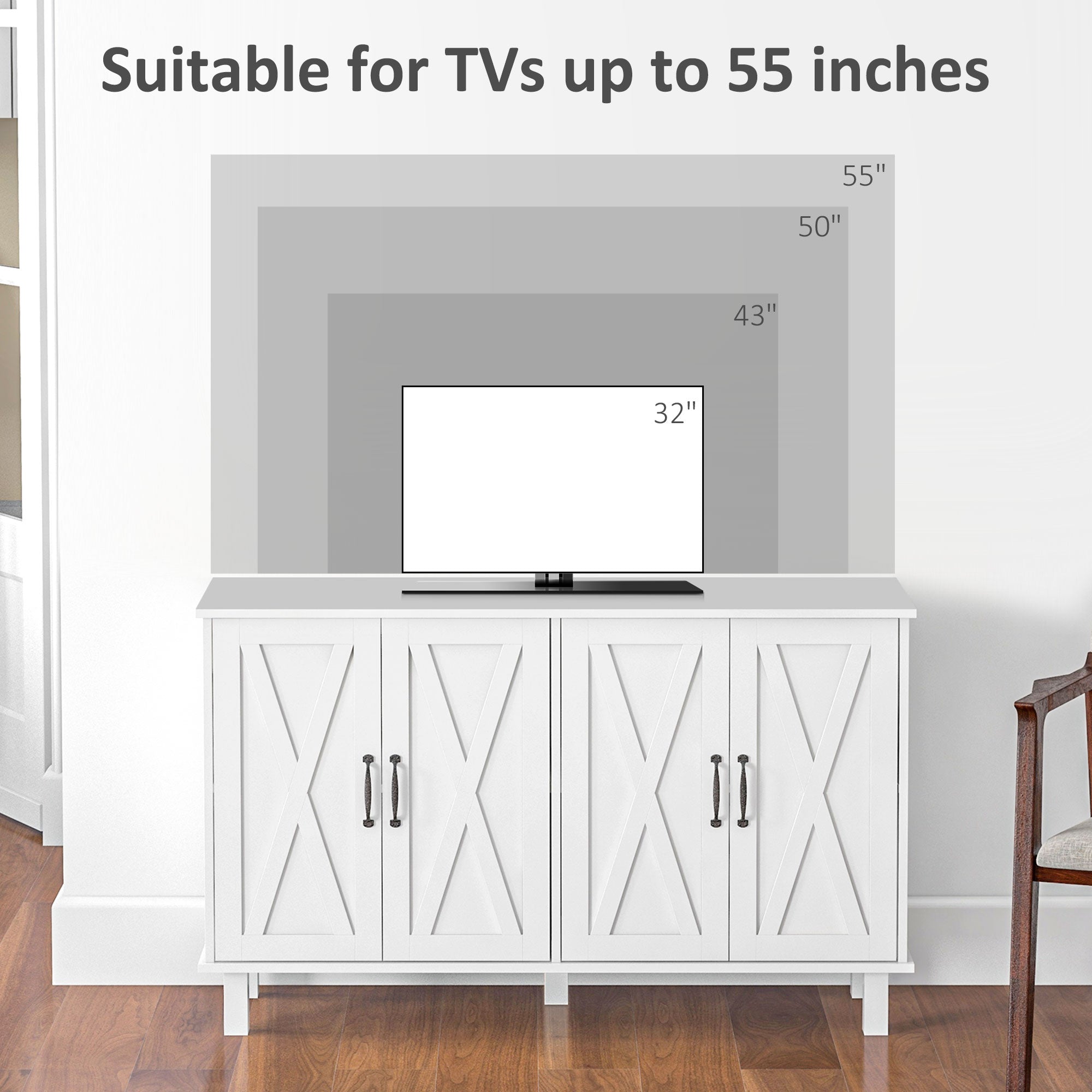 HOMCOM White 4-Door Buffet Table: Kitchen Sideboard Bar Cabinet with Barn Doors and 2 Adjustable Shelves for Living Room, Hallway