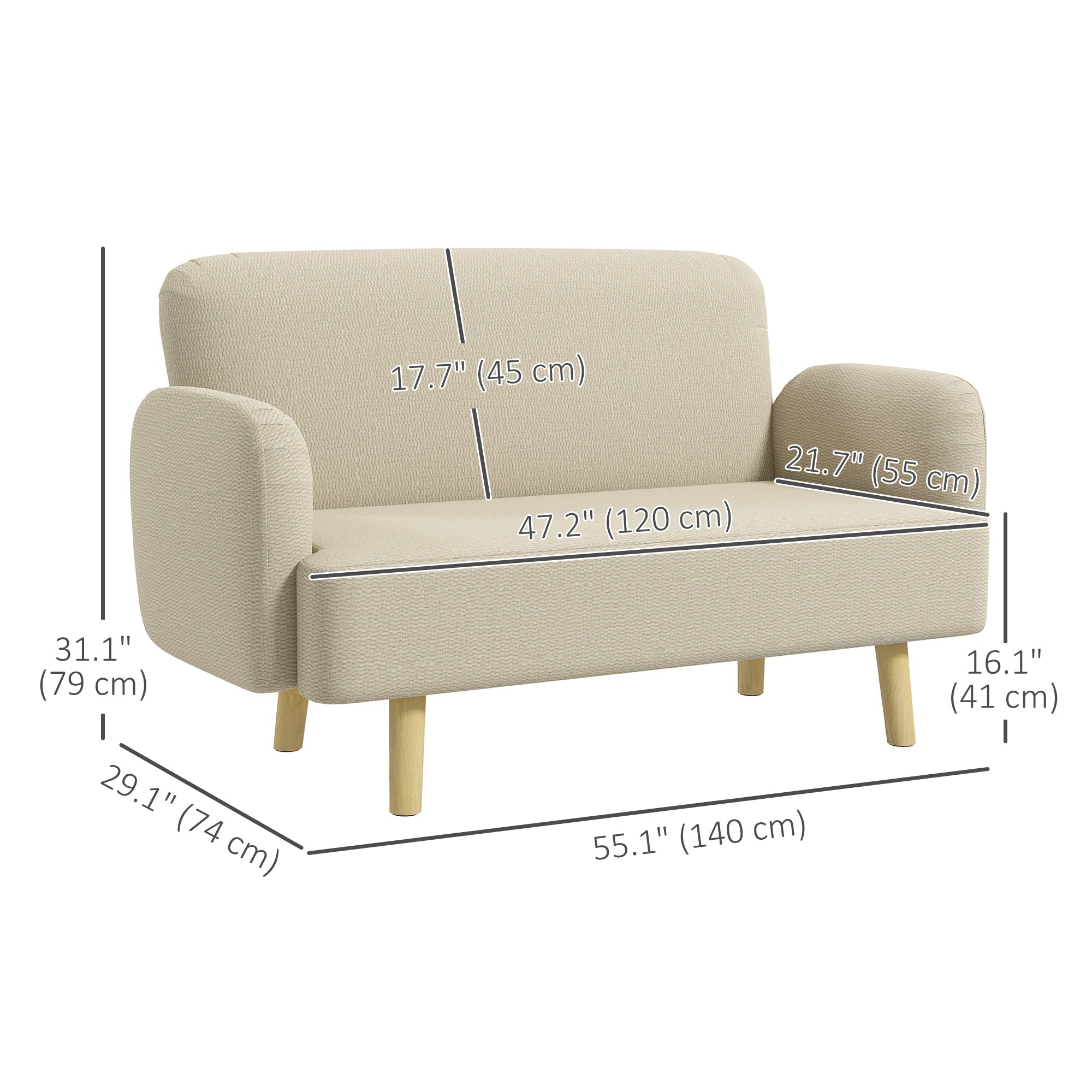 HOMCOM Velvet Feel Fabric 2 Seater Sofa, Small Sofa Loveseat with 8.3" Thick Padding and Wood Legs, Cream White
