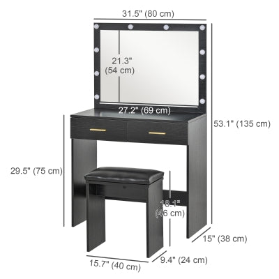 HOMCOM Makeup Vanity Desk Set with Stool, LED Lighted Mirror, 2 Drawers, Modern Dressing Table
