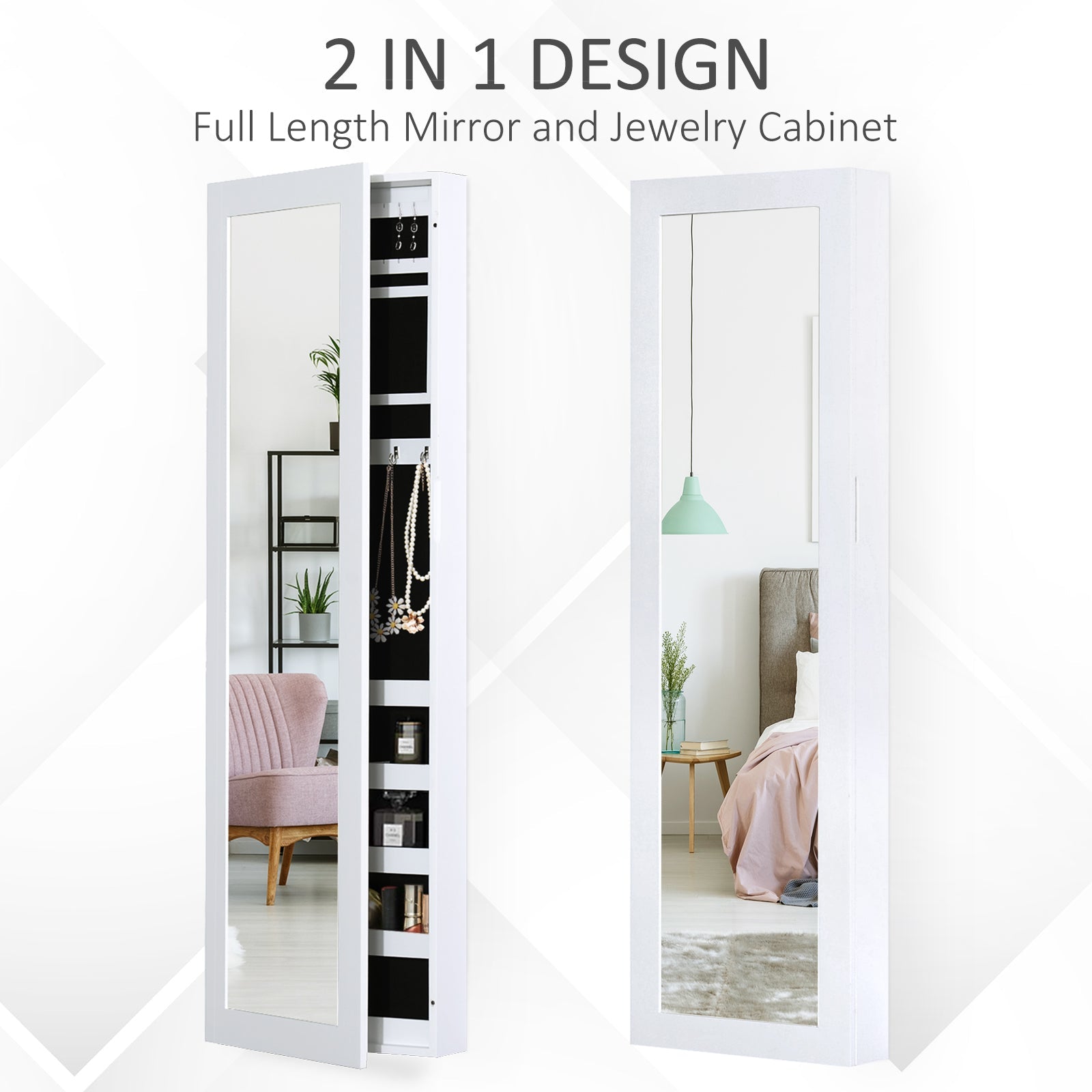 HOMCOM Wall-Mounted Jewelry Armoire: With Full-Length Mirror Storage Organizer, White