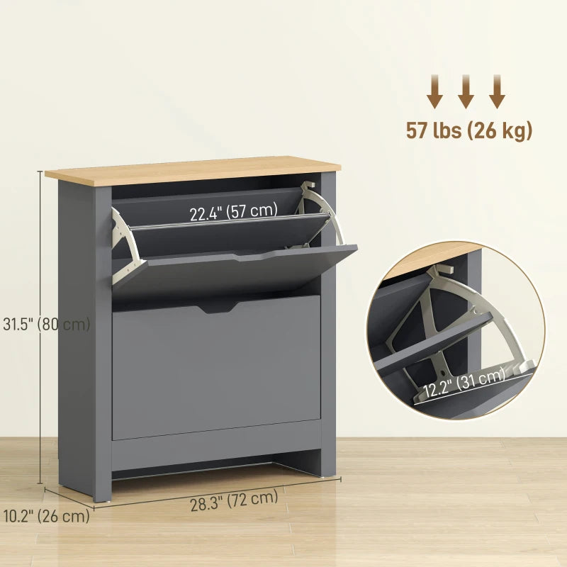 Shoe Storage Cabinet with 2 Flip Drawers and Adjustable Shelves for 12 Pairs of Shoes, Dark Grey