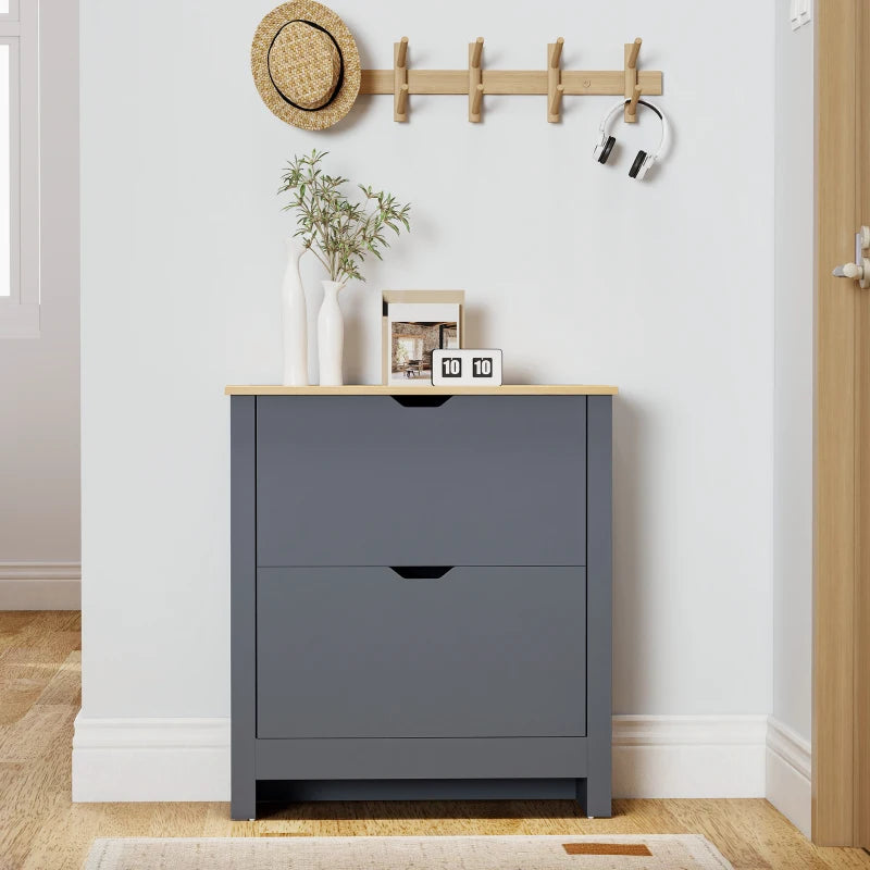 Shoe Storage Cabinet with 2 Flip Drawers and Adjustable Shelves for 12 Pairs of Shoes, Dark Grey