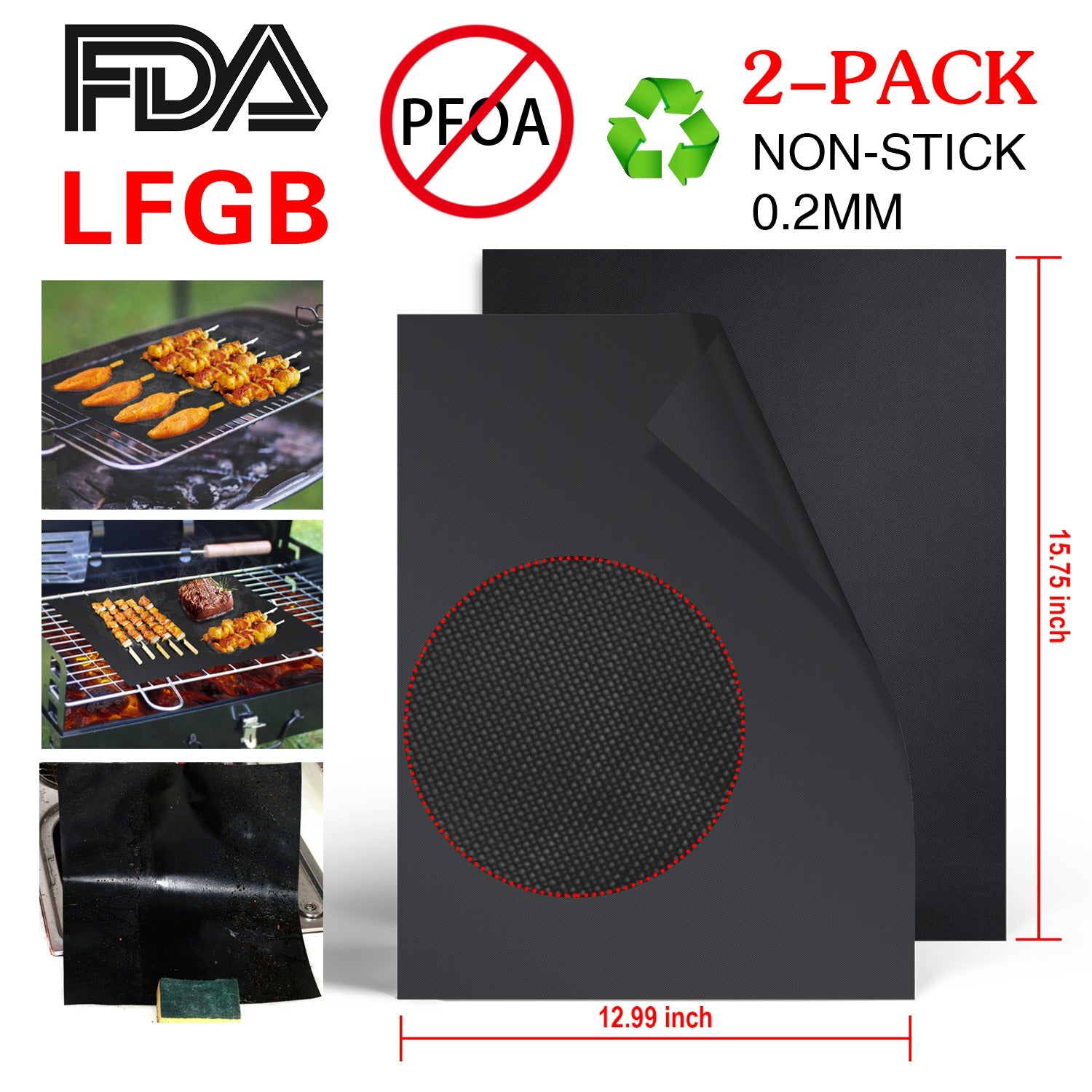 2Pcs BBQ Grill Mat Non-Stick Mat Baking Mat Reusable Reversible Washable FDA-Approved for Gas Charcoal