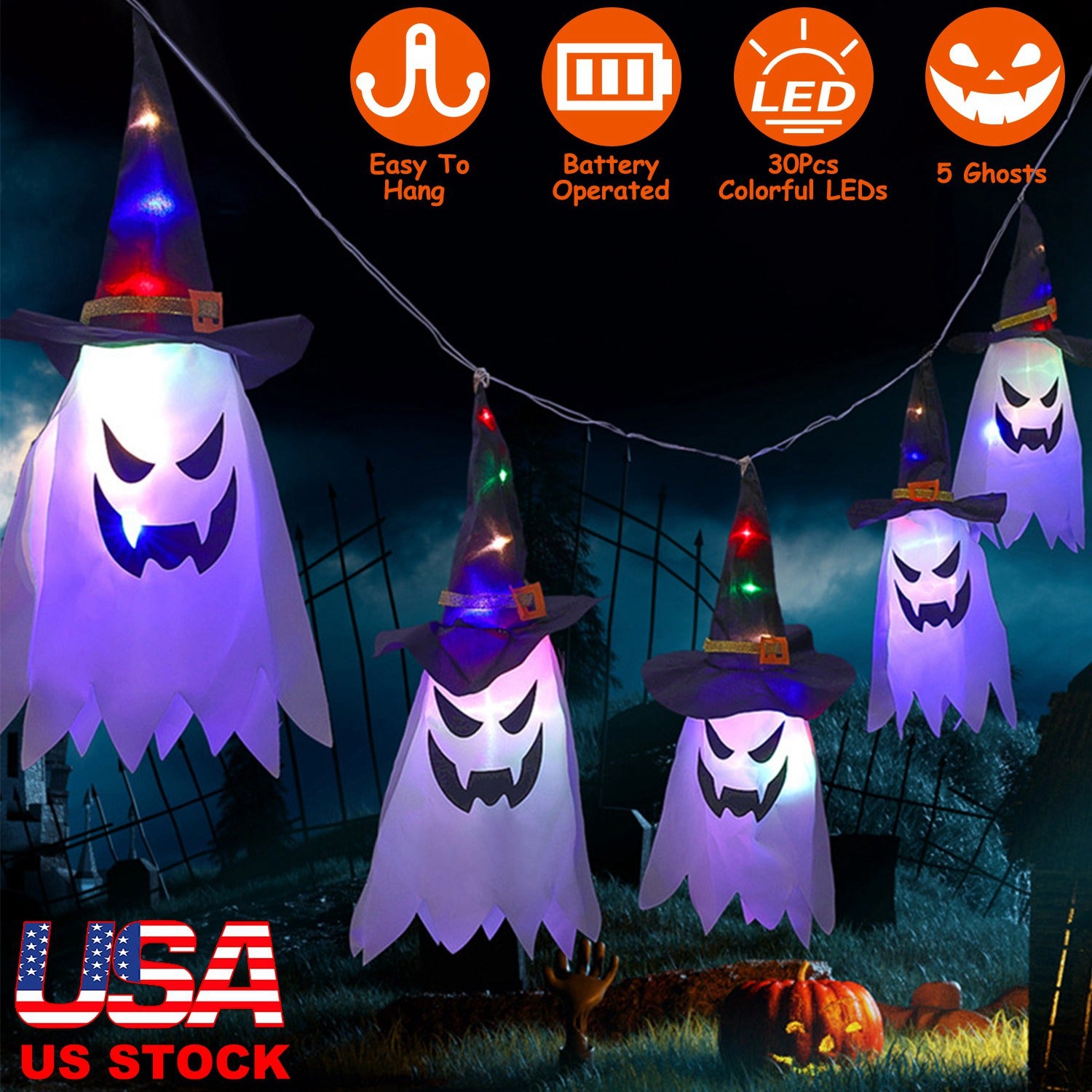 Halloween Ghost Witch Hat Hanging Light Lantern 11.6ft Outdoor String Decorative Light Patio Yard Garden Indoor Light