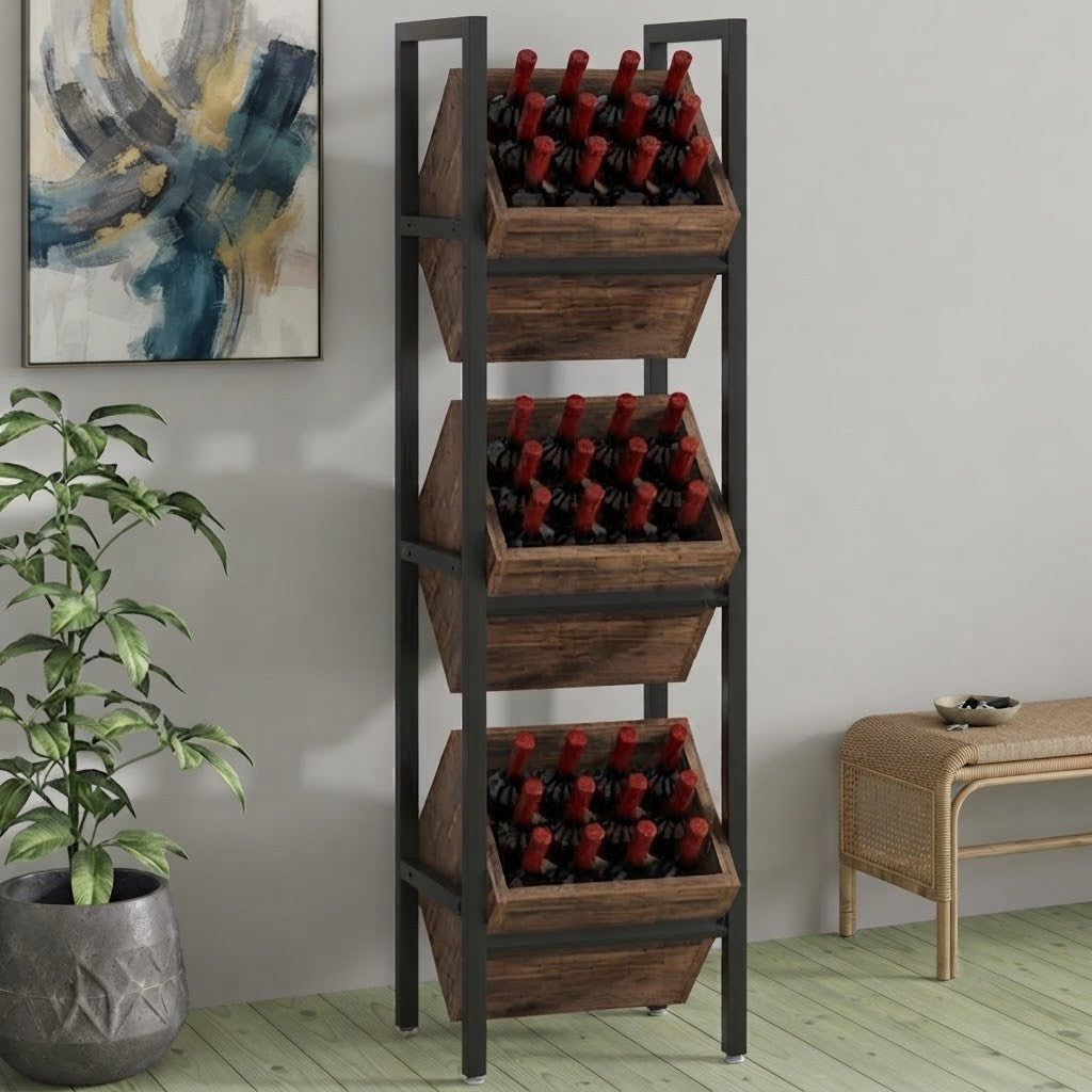 Industrial Wine Rack, 3-Tier Freestanding Wine Storage Stand for 36 Bottles, Rustic Brown & Black