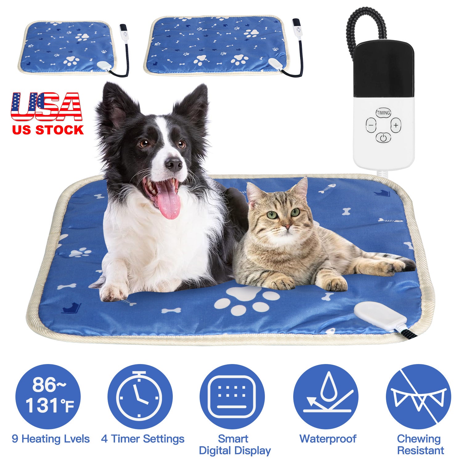 Pet Heating Pad Electric Dog Cat Heating Mat Waterproof Warming Blanket with 9 Heating Levels 4 Timer Setting Constan On Function Chewing-resistant S/