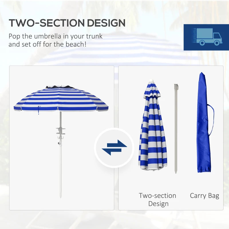 5.7' Beach Umbrella for Travel with Tilt, Adjustable Height, 2 Cup Holders, Hook, Vent, Ruffles, Blue and White