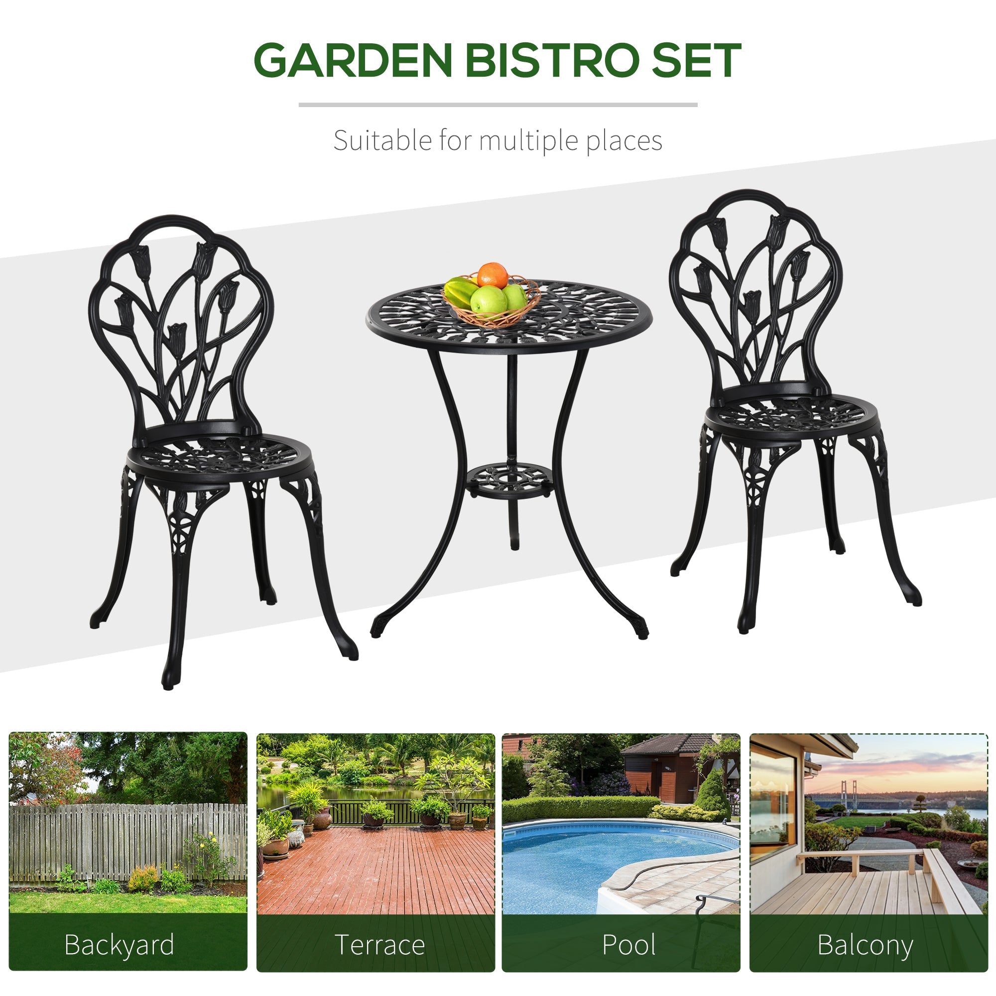 Outsunny Patio Bistro Set 3pc Cast Aluminum Outdoor Furniture with Umbrella Hole Garden Table & Chairs Black