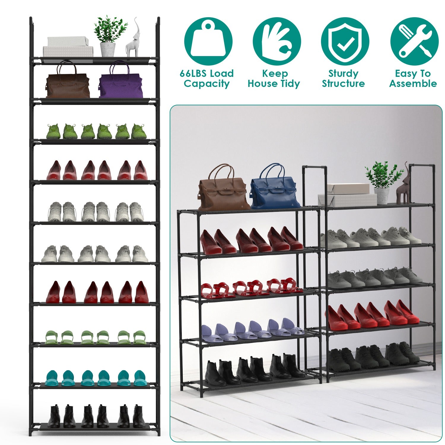 10 Tiers Shoe Rack Space-Saving 25-30Pairs Tall Shoe Shelf 23.03x10.82x72.83Inches Non-Woven Fabric Vertical Shoe Organizer For Hallway Entryway Close
