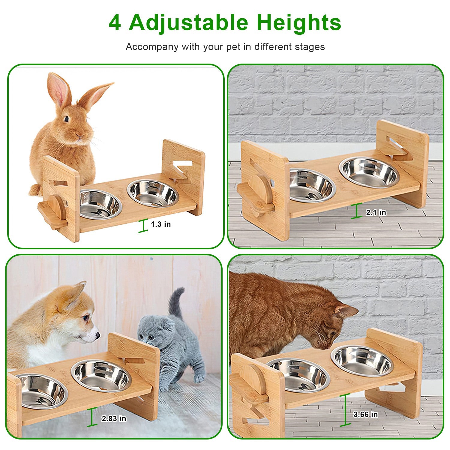 Bamboo Double Dog Raised Bowls 15° Tilt Elevated Dog Bowls with 4 Adjustable Heights 2 Stainless Steel Bowls Pet Feeder for Dogs Cats Rabbits