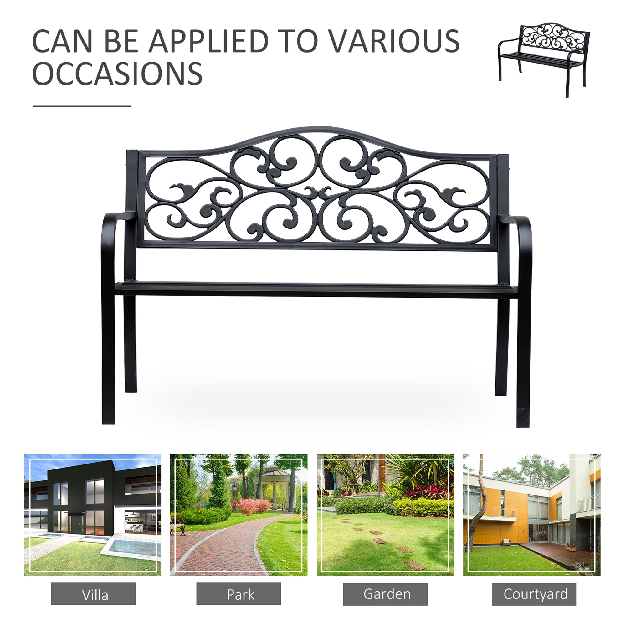 Outsunny Garden Bench Outdoor Loveseat with Vintage Floral Pattern Cast Metal, 50" x 23.6" x 35", Black