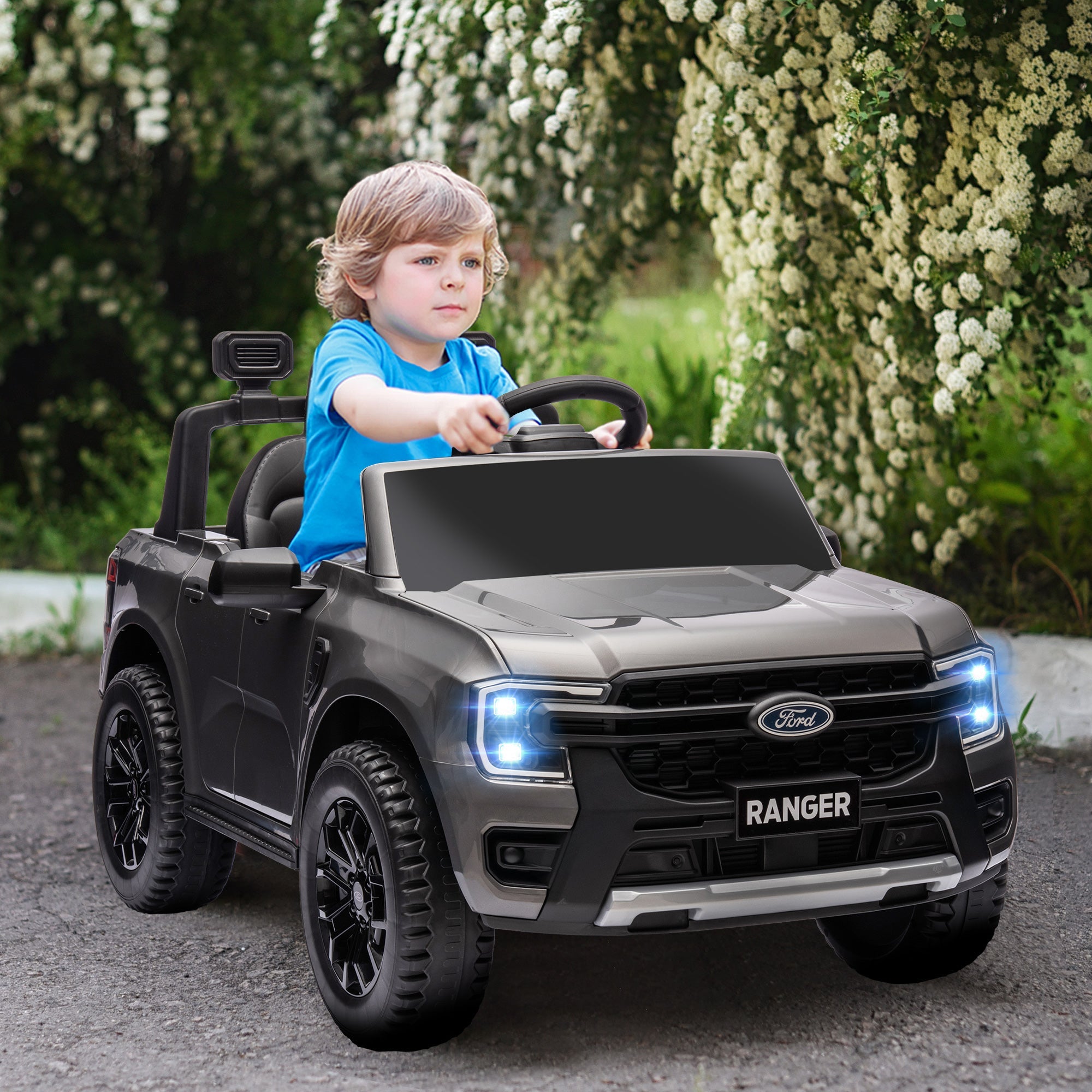Qaba Ford Ranger Licensed 12V Ride on Car Battery Powered Kids Truck w/ Rear Storage Remote, Spring Suspension, Grey