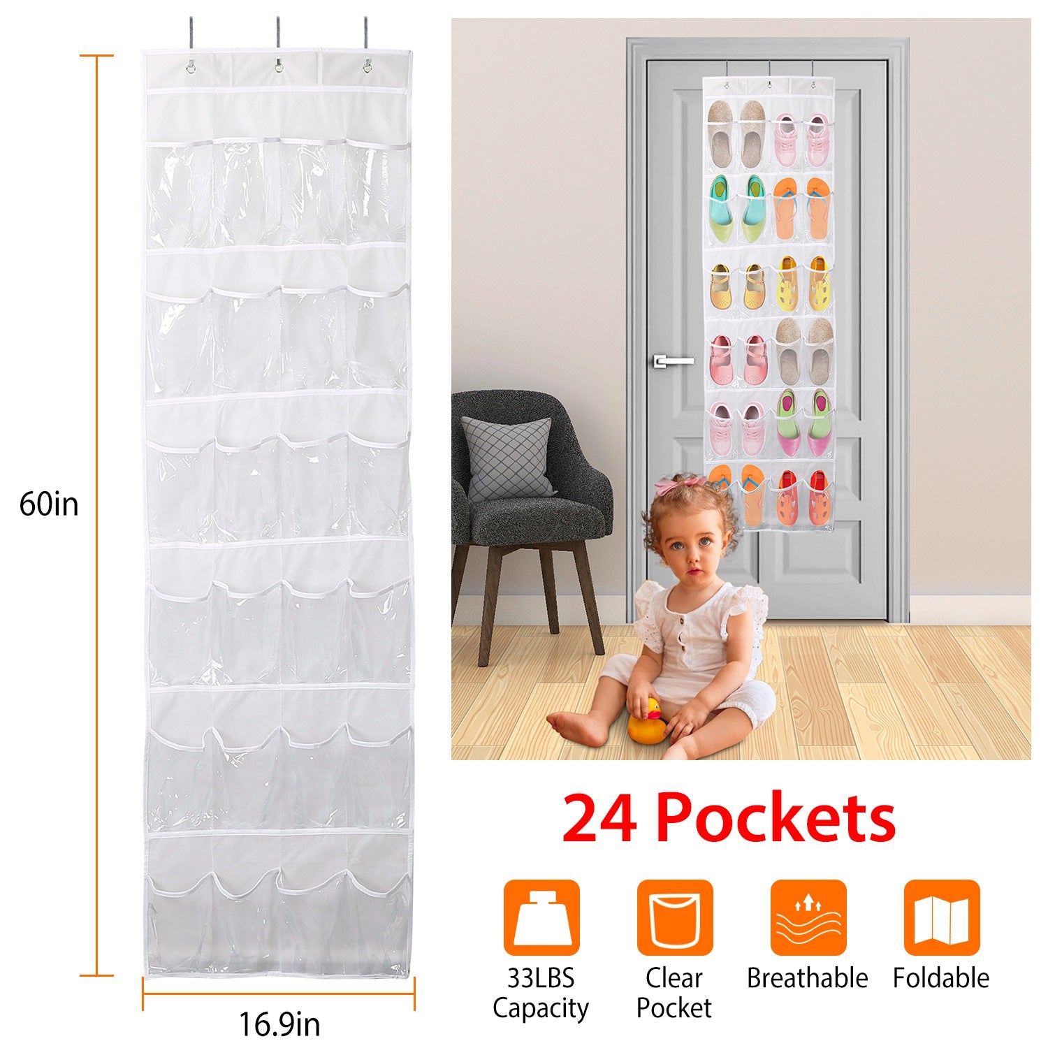 Over the Door Shoes Rack 24-Pocket Crystal Clear Organizer 6-Layer Hanging Storage Shelf for Shoes Slippers Small Toys Closet Cabinet
