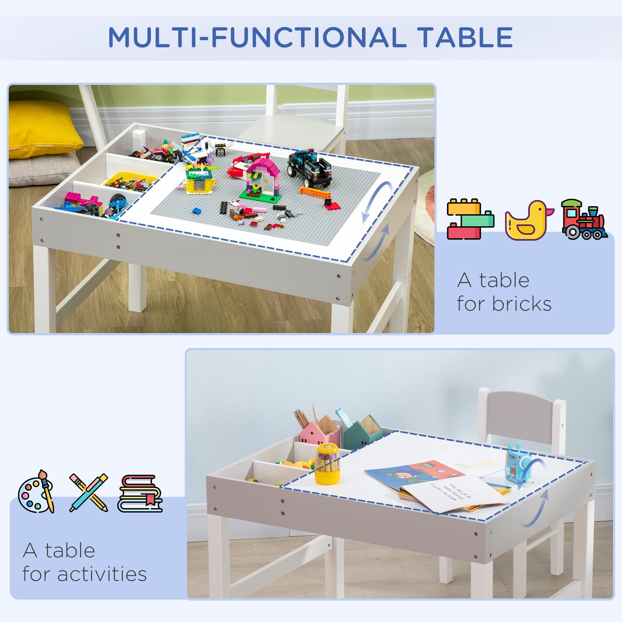 Qaba Kids Table Set with Building Block Desktop: 2-Piece Toddler Set, Multiple Storage Spaces