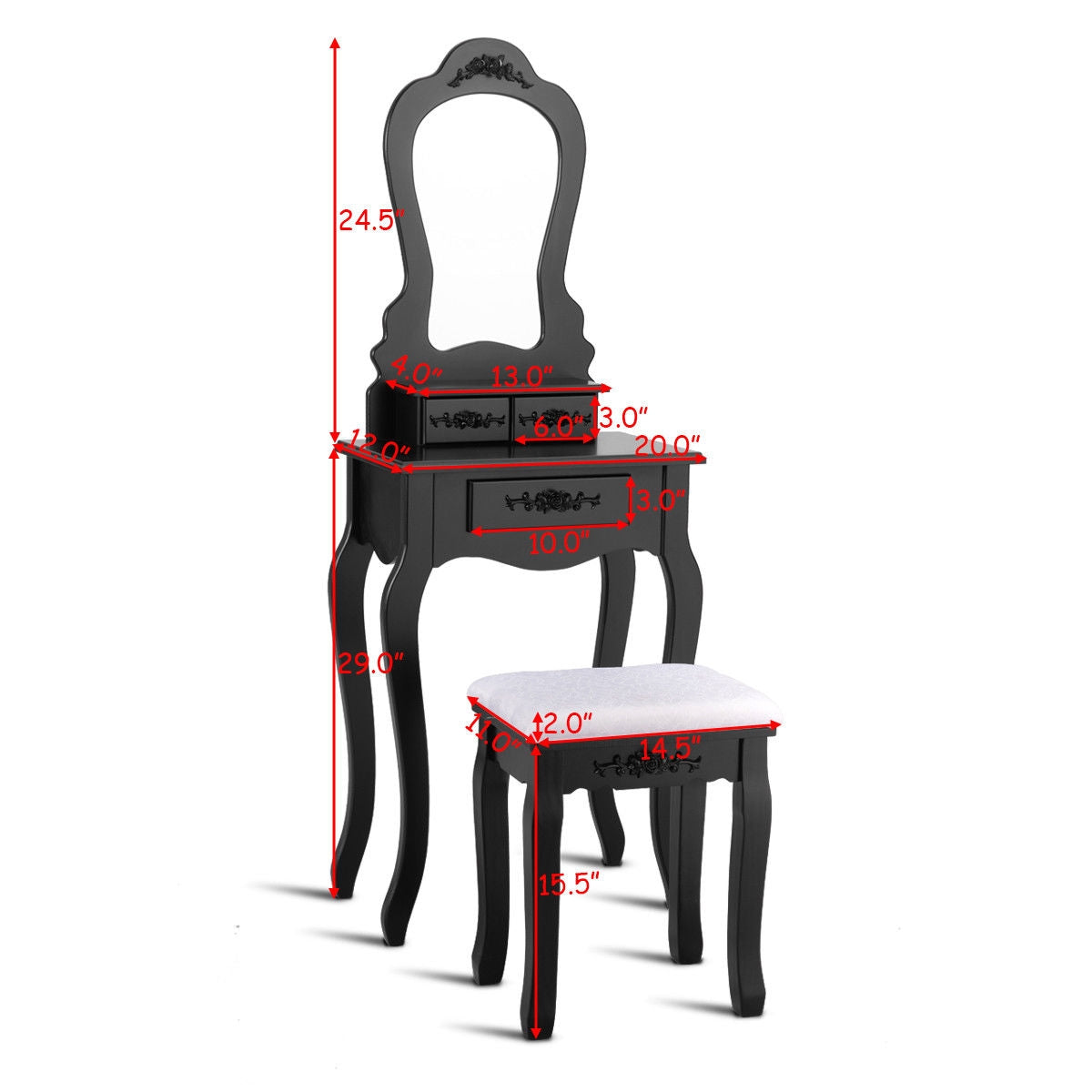 Makeup Dressing Table and Bench 3 Drawers and Cushioned Stool for Girls-BlackÂ