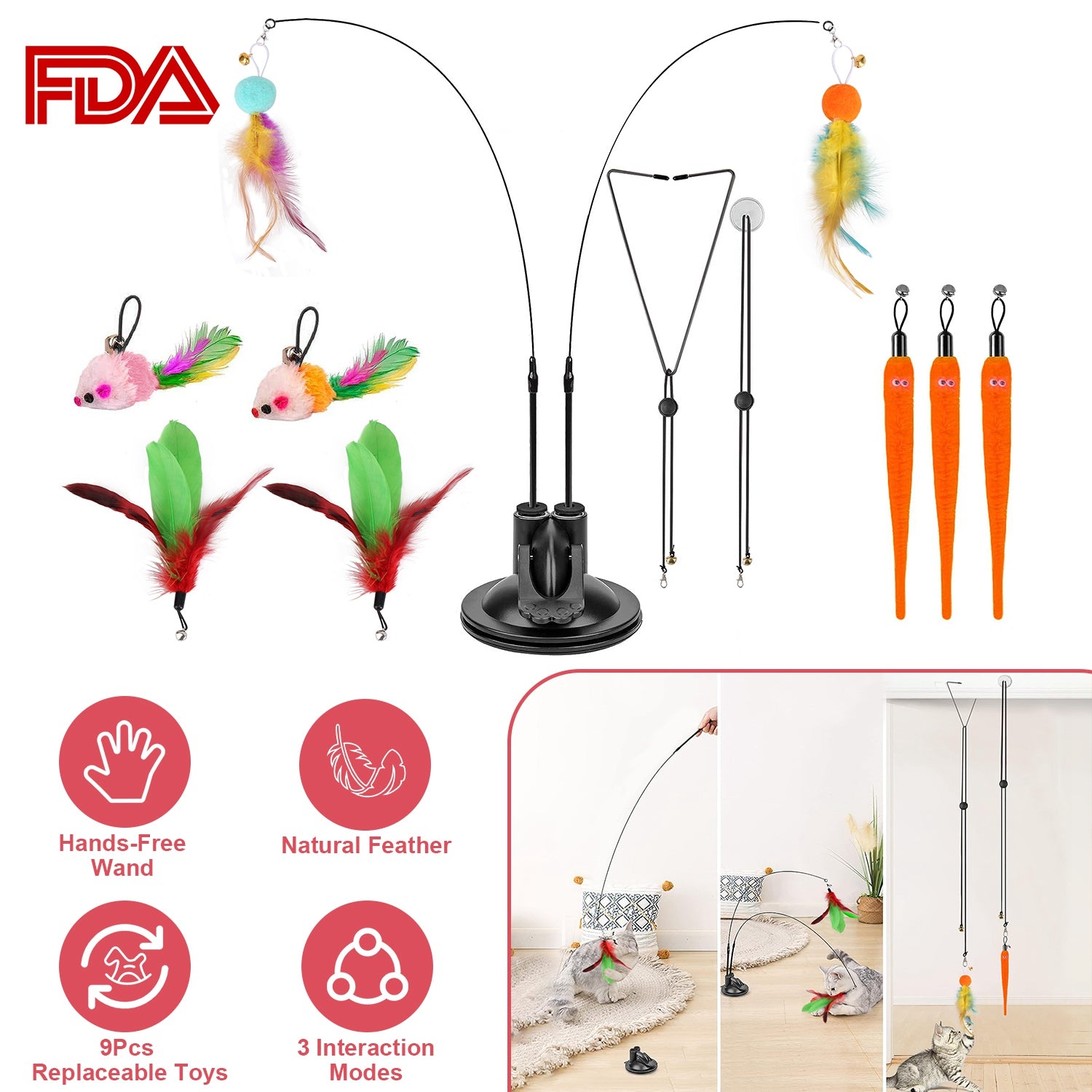 2 Cat Wand Toys with Suction Cup Double Head Interactive Cat Feather Toy 9Pcs Teaser Replacements with Bell Cats Self Playing Hanging Indoor Cat Toy