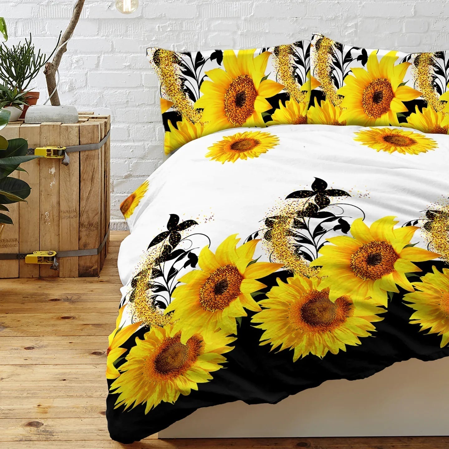 3 Pieces Black And White Background Sunflower Duvet Cover Set Yellow Flower Polyester Bedding Set For Adults Bedroom Decor Twin Full Queen King Size
