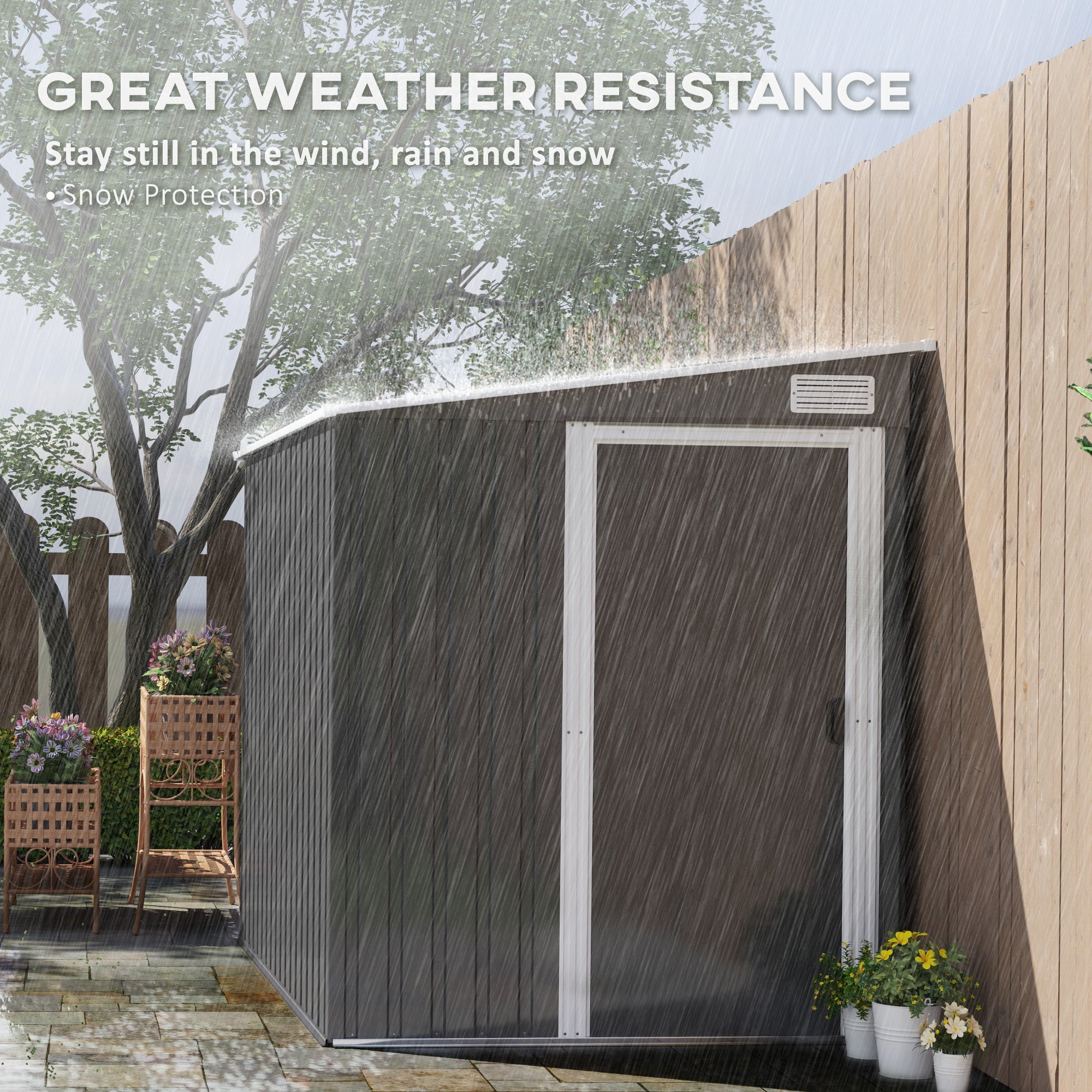 Outsunny 5'x7' Lean to Galvanized Metal Shed with Foundation, Garden Tool Storage House with Sliding Door and 2 Vents, Dark Grey