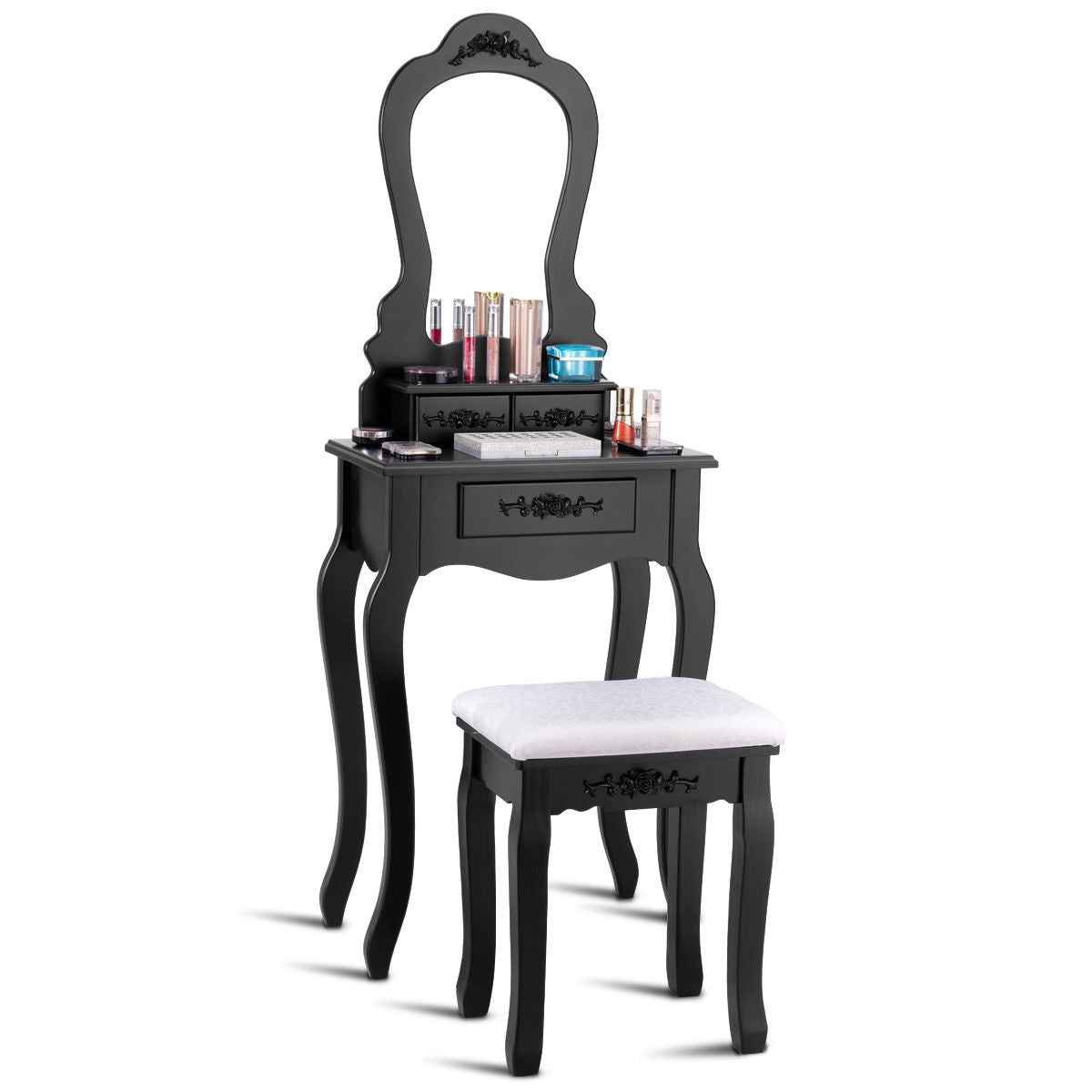 Makeup Dressing Table and Bench 3 Drawers and Cushioned Stool for Girls-BlackÂ