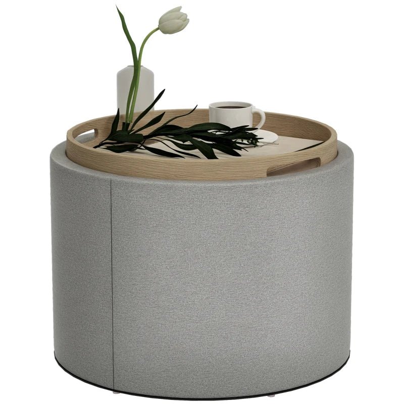 Round Coffee Table, End Table with Hidden Storage and Tray Top, Linen Upholstered Footrest for Living Room